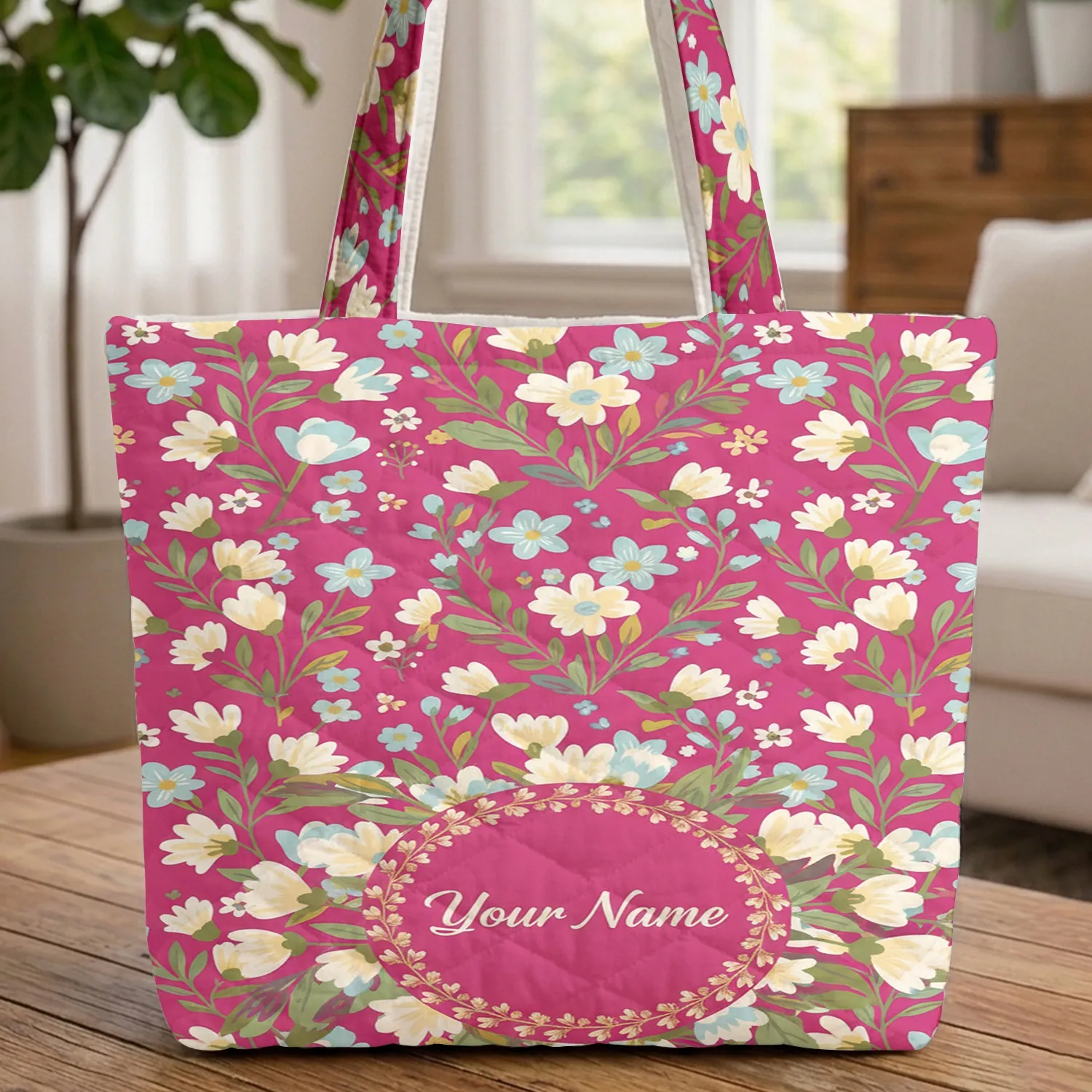 Fuchsia Botanical Floral Bouquet Name Wreath - Everyday Carry Gift Quilted Tote Bag - 1