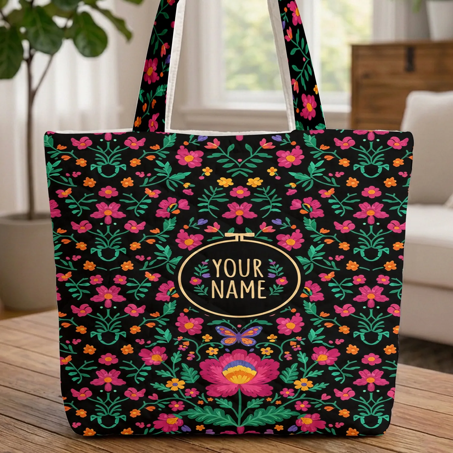 Ornate Folk Art Floral Butterfly Bouquet Swirling Vines - Work Commute Gift Quilted Tote Bag - 1