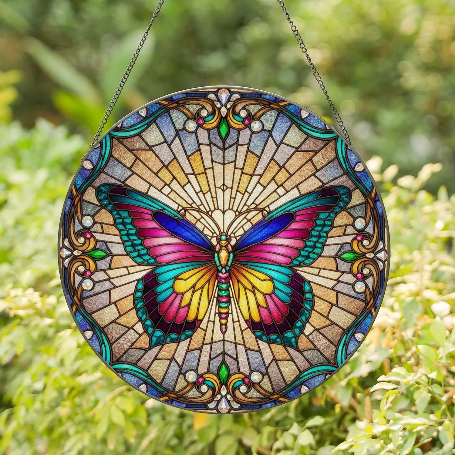 Butterfly Floral Mosaic Sunburst - Home Decor Gift for Nature Lover Stained Glass Suncatcher - 1