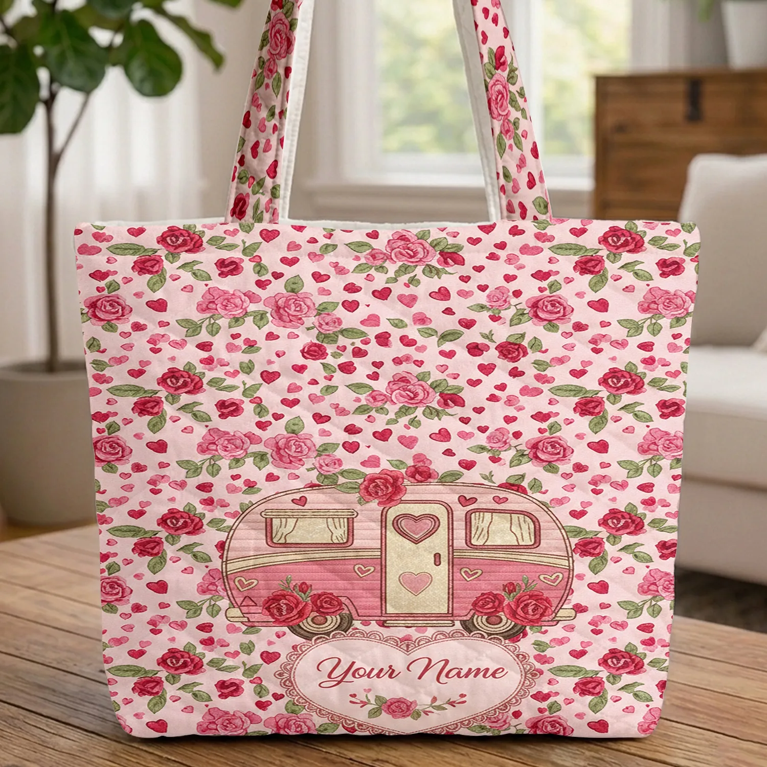 Personalized Ornate Pink Camper Van Roses Hearts Decorative Filigree Heart - Travel Essentials Quilted Tote Bag - 1