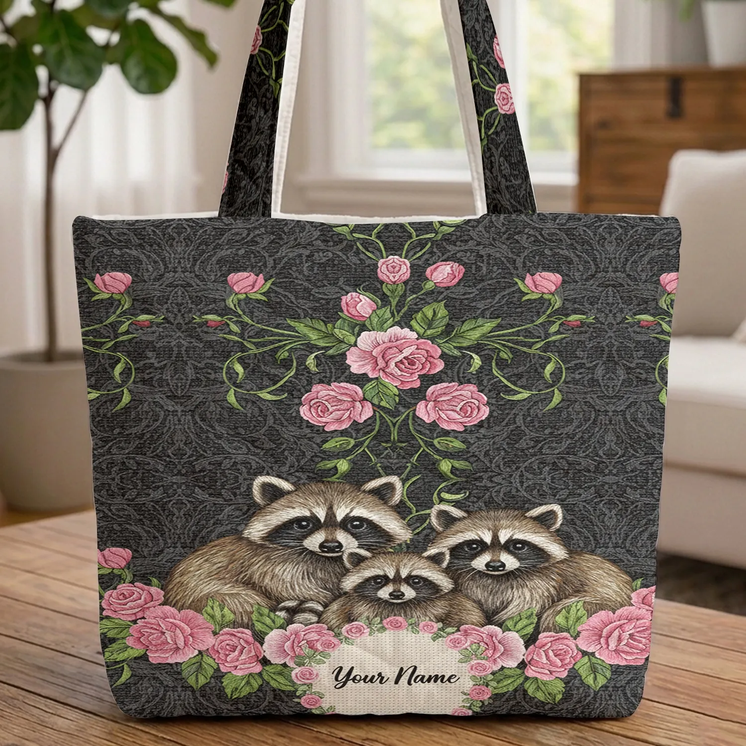 Raccoons Pink Roses Floral Wreath Personalized Name - Everyday Carry Gift Quilted Tote Bag - 1