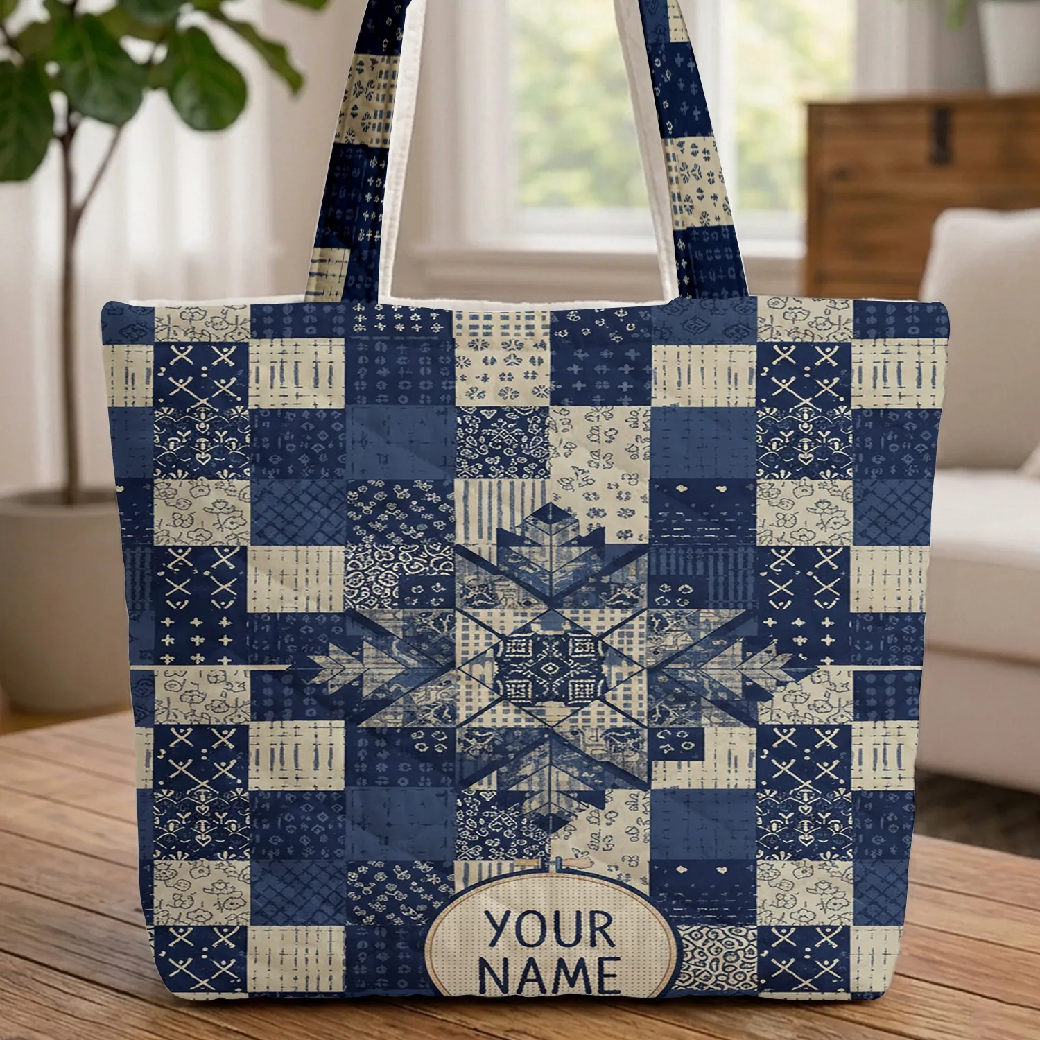 Patchwork Quilt Block Medallion Embroidered Frame - Everyday Carry Gift Quilted Tote Bag - 1