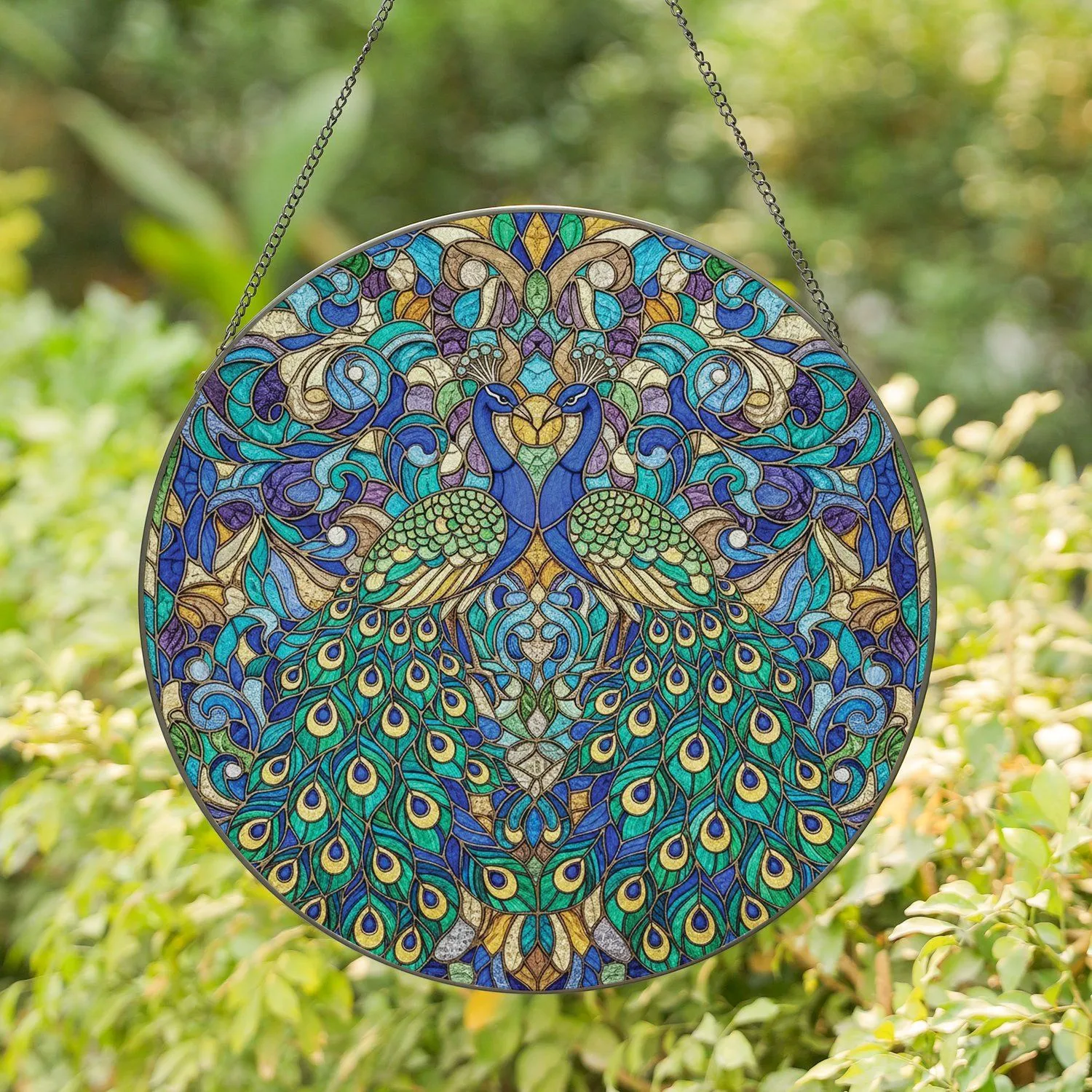 Glowing Translucent Peacock Fanned Tail Feather Floral Swirl Mosaic - Home Decor Gift Stained Glass Suncatcher - 1