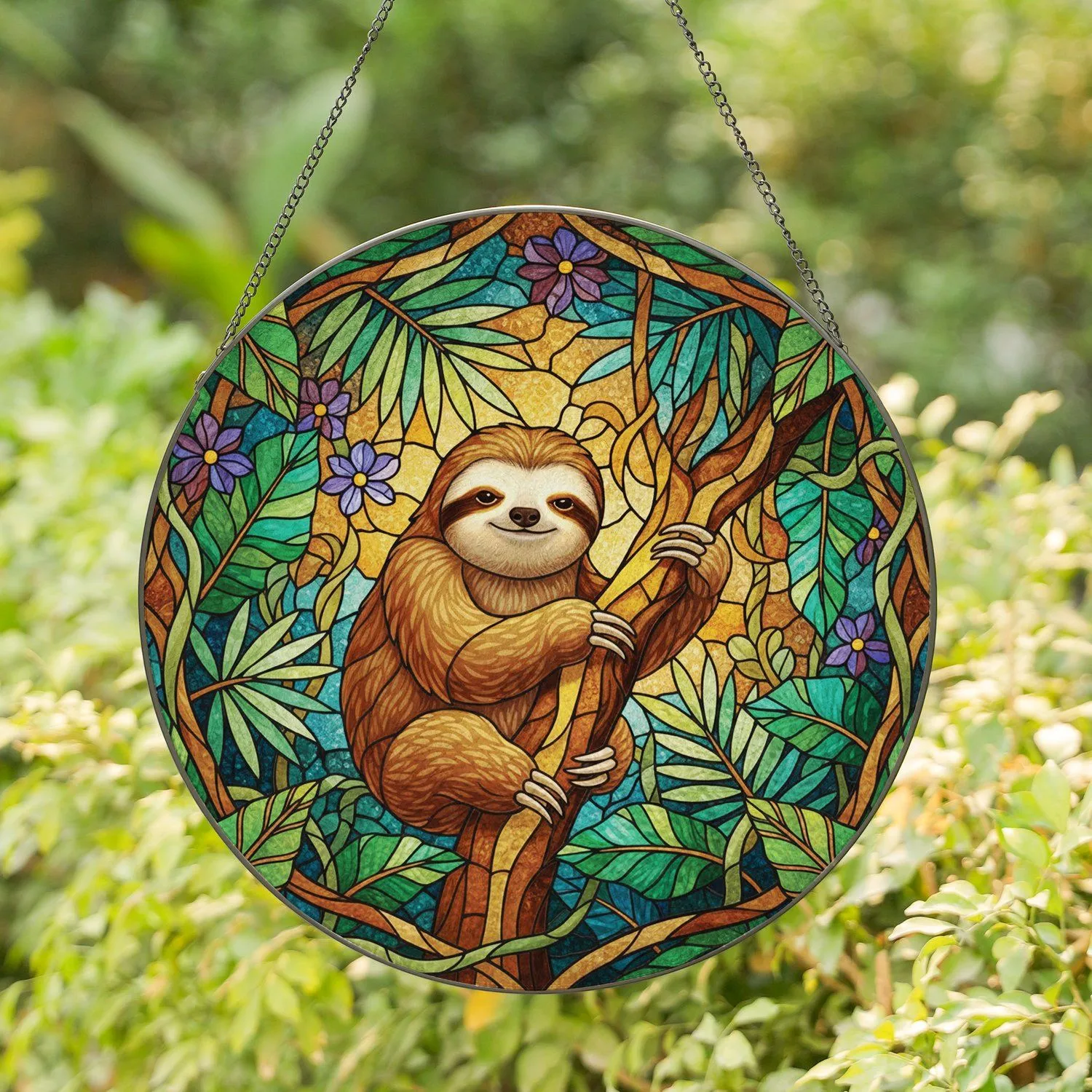 Brown Sloth Tree Branch Jungle Mosaic - Wildlife Home Decor Gift for Sloth Fans Stained Glass Suncatcher - 1