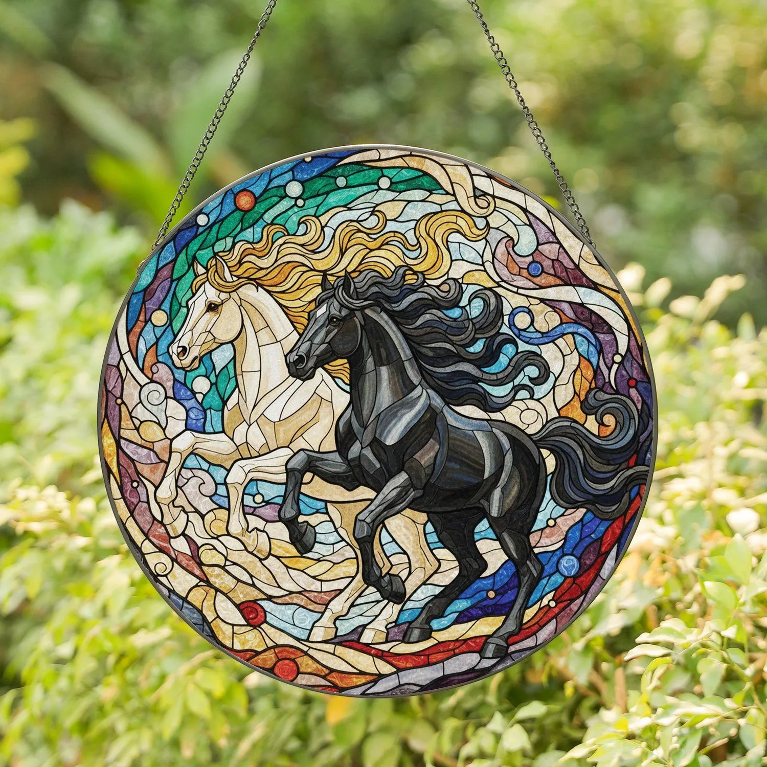 Majestic Black White Galloping Horses Golden Mane - Equestrian Home Decor Gift for Horse Lover Stained Glass Suncatcher - 1