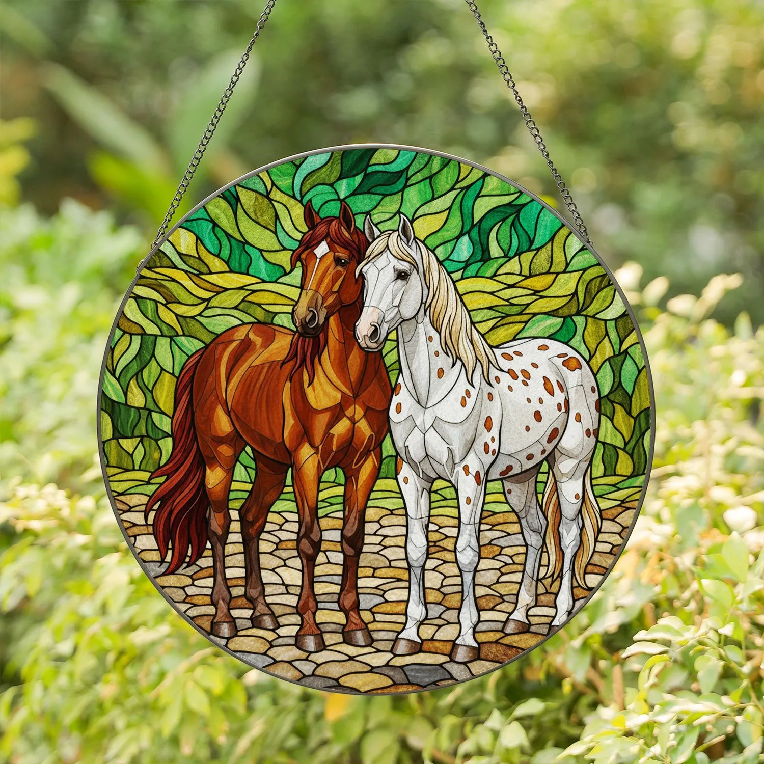 Stained Glass Brown Horse White Appaloosa Stone Ground Rolling Hills Foliage - Home Decor Gift Stained Glass Suncatcher - 1