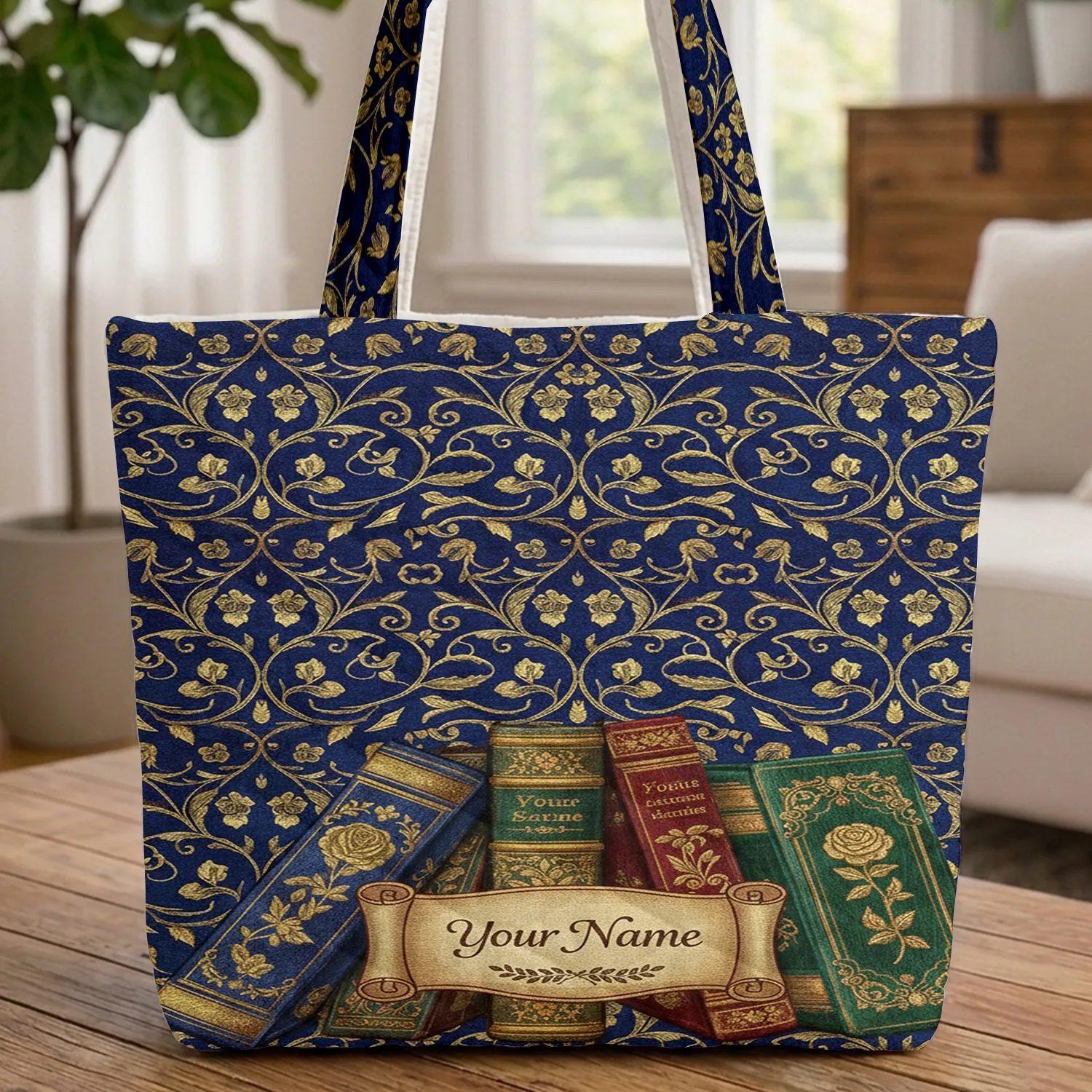 Gilded Ornate Antique Books Gold Botanical Scroll Royal Blue Crimson - Everyday Carry Gift Quilted Tote Bag - 1