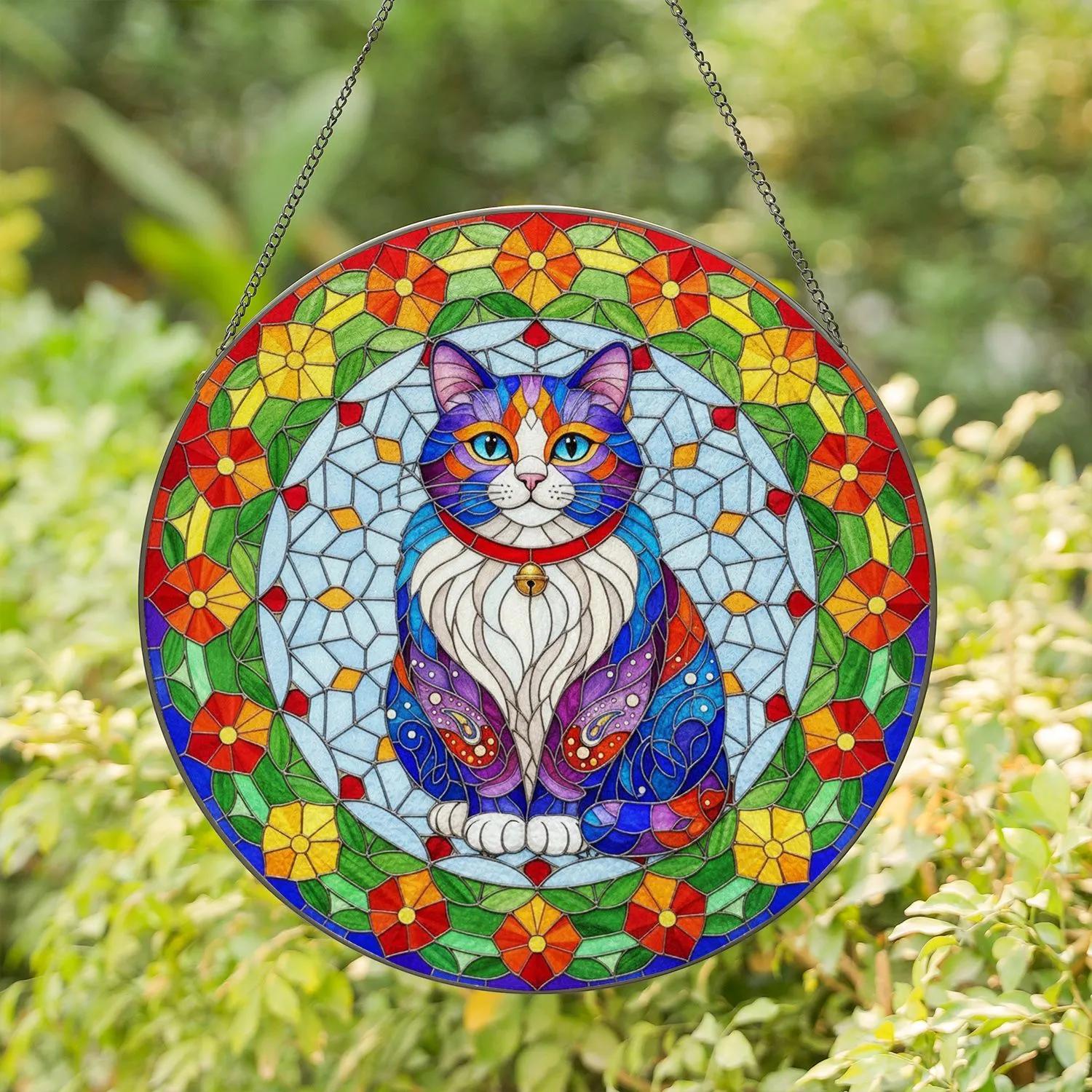 Stained Glass Blue Eyed Cat Floral Paisley Mosaic - Cat Lover Home Decor Gift Stained Glass Suncatcher - 1