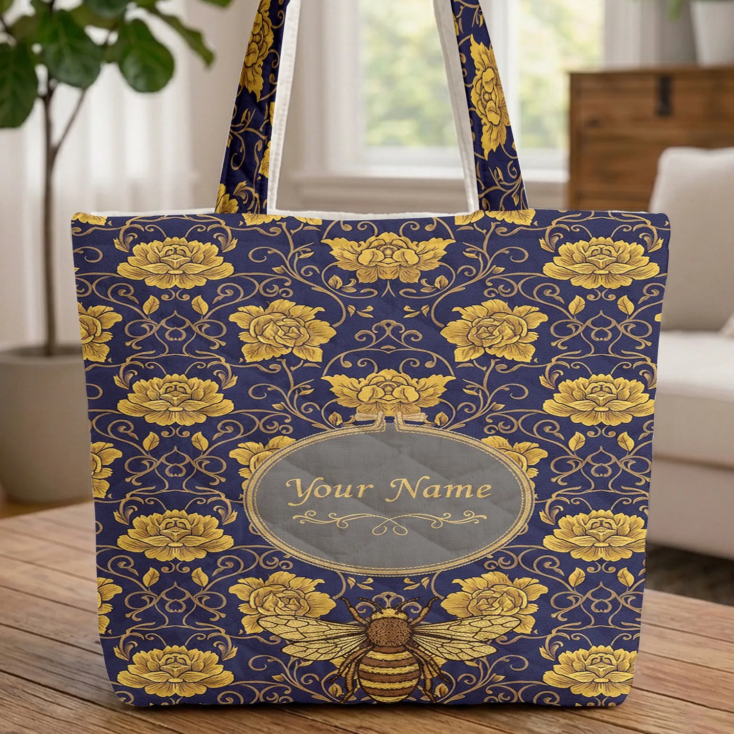 Honey Bee Golden Roses Personalized Name - Everyday Carry Gift for Bee Lover Quilted Tote Bag - 1