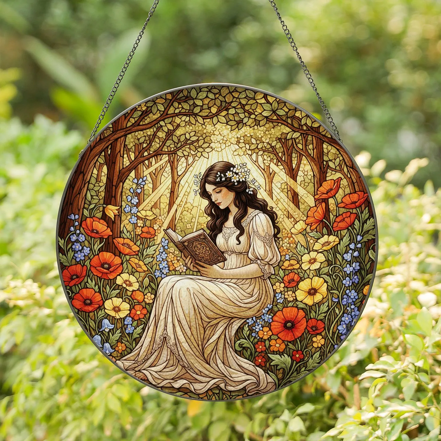Young Woman Reading Book Wildflowers Forest - Home Decor Gift for Book Lover Stained Glass Suncatcher - 1
