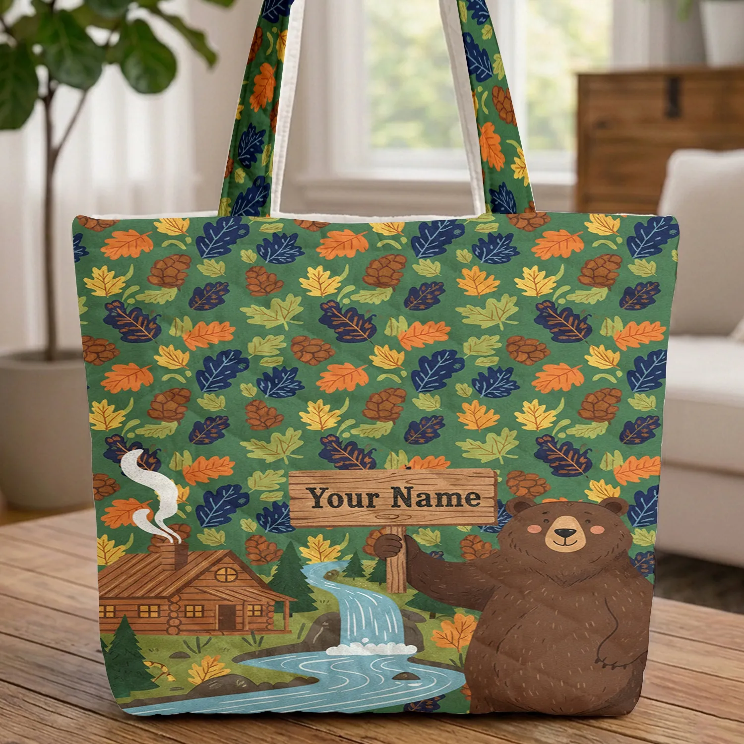 Brown Bear Log Cabin River Waterfall Pine Cone Leaves - Wildlife Everyday Carry Gift Quilted Tote Bag - 1