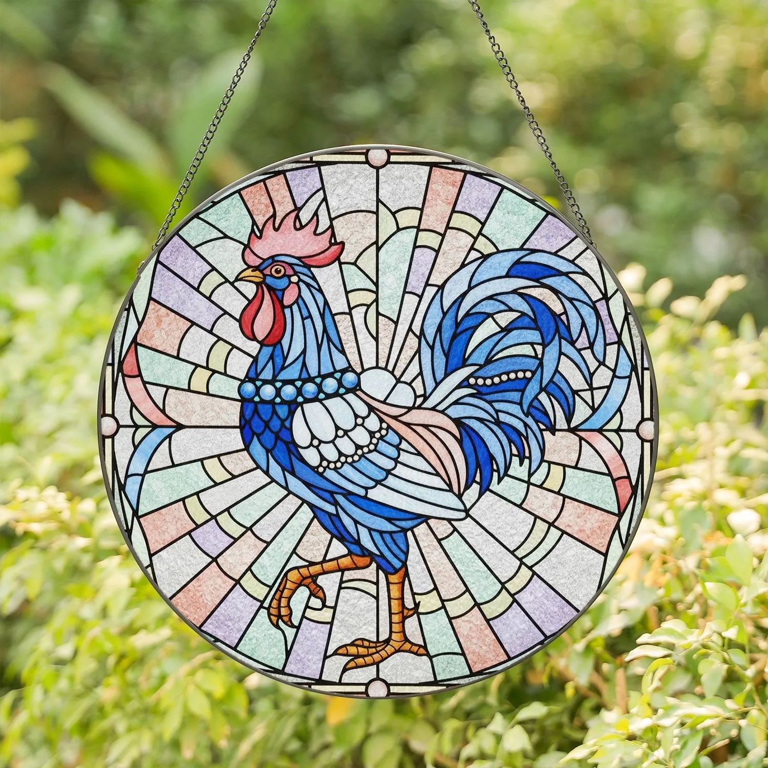 Pink Comb Walking Rooster Profile - Farmhouse Decor Accent Gift for Bird Lovers Stained Glass Suncatcher - 1