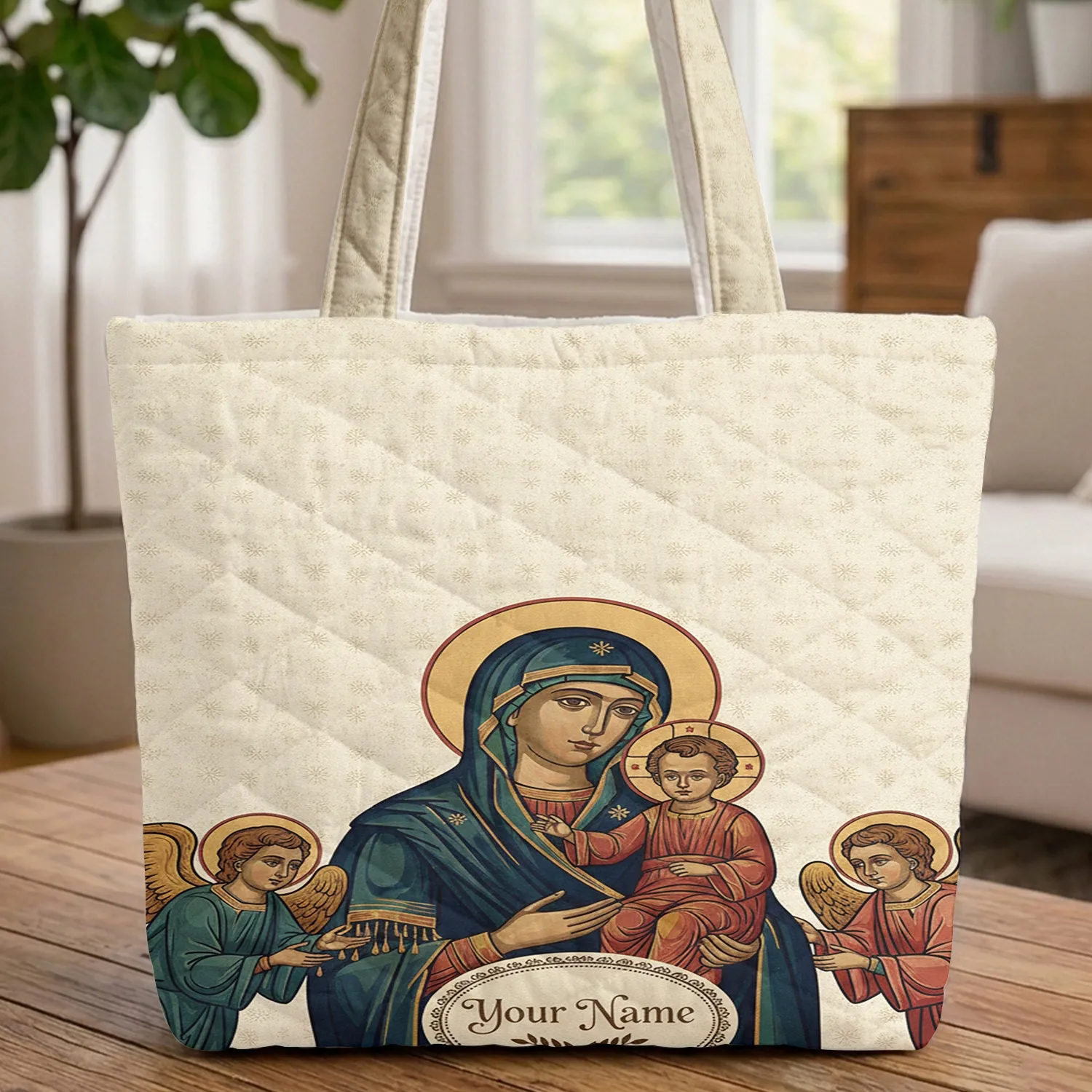 Madonna and Child Cherubic Angels Celestial Stars Everyday Carry Gift for Believers Quilted Tote Bag - 1