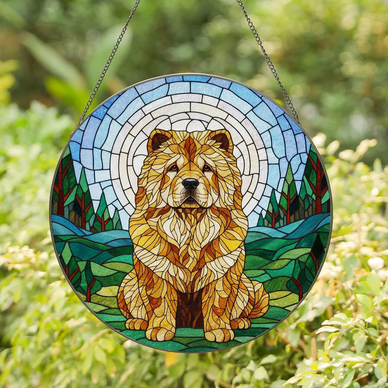 Fluffy Chow Chow Dog Seated Halo Rolling Hills Trees - Home Decor Gift for Chow Chow Lover Stained Glass Suncatcher - 1