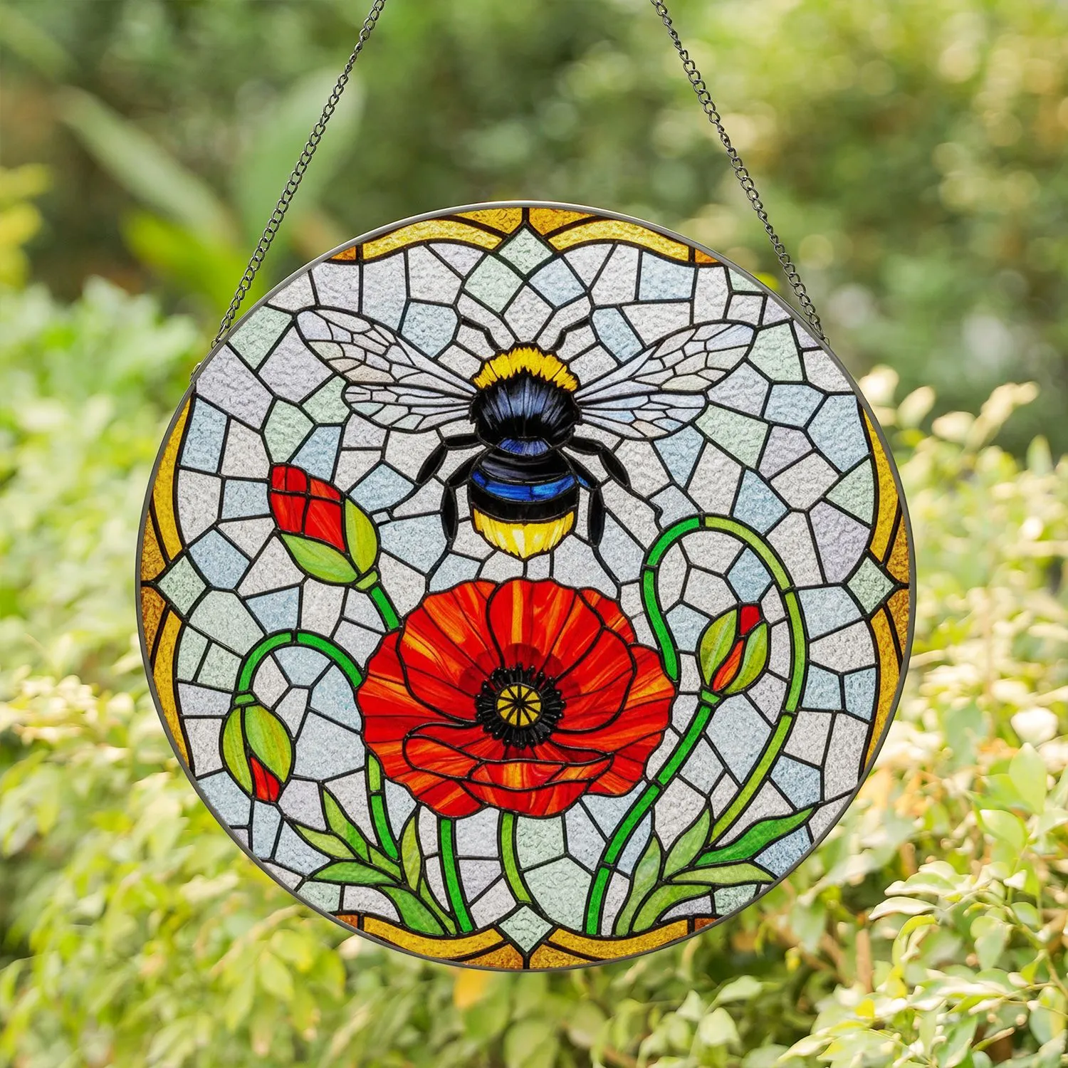 Bumblebee Red Poppy Tiffany Glass Mosaic - Nature Lover Home Decor Gift Stained Glass Suncatcher - 1