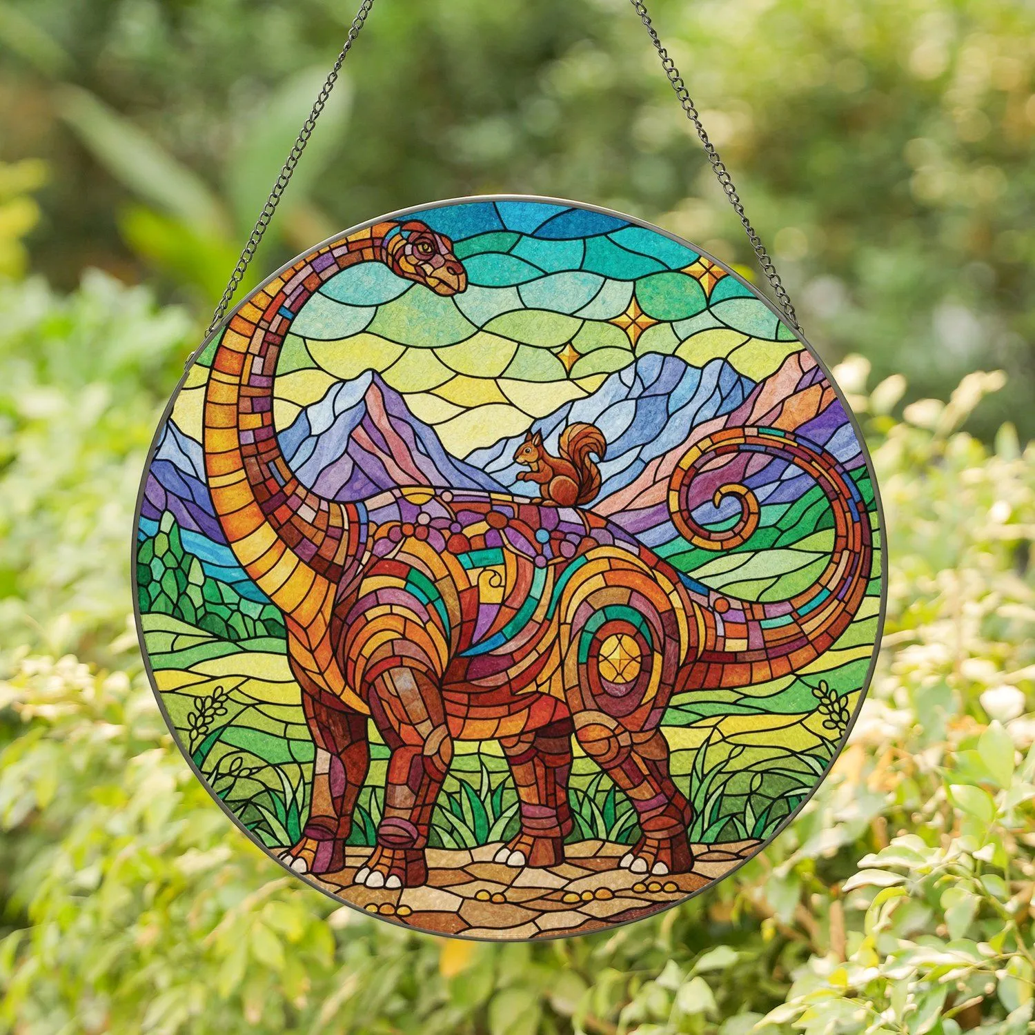 Stained Glass Brontosaurus Dinosaur Squirrel Landscape - Wildlife Lover Home Decor Gift Stained Glass Suncatcher - 1
