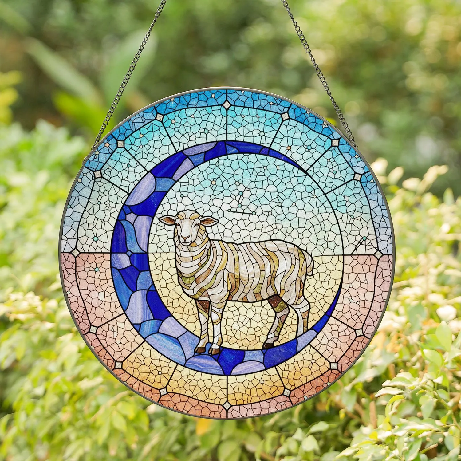 Vibrant Mosaic Tiffany Glass Sheep Crescent Moon Golden Blue Sky - Animal Lover Gift Stained Glass Suncatcher - 1