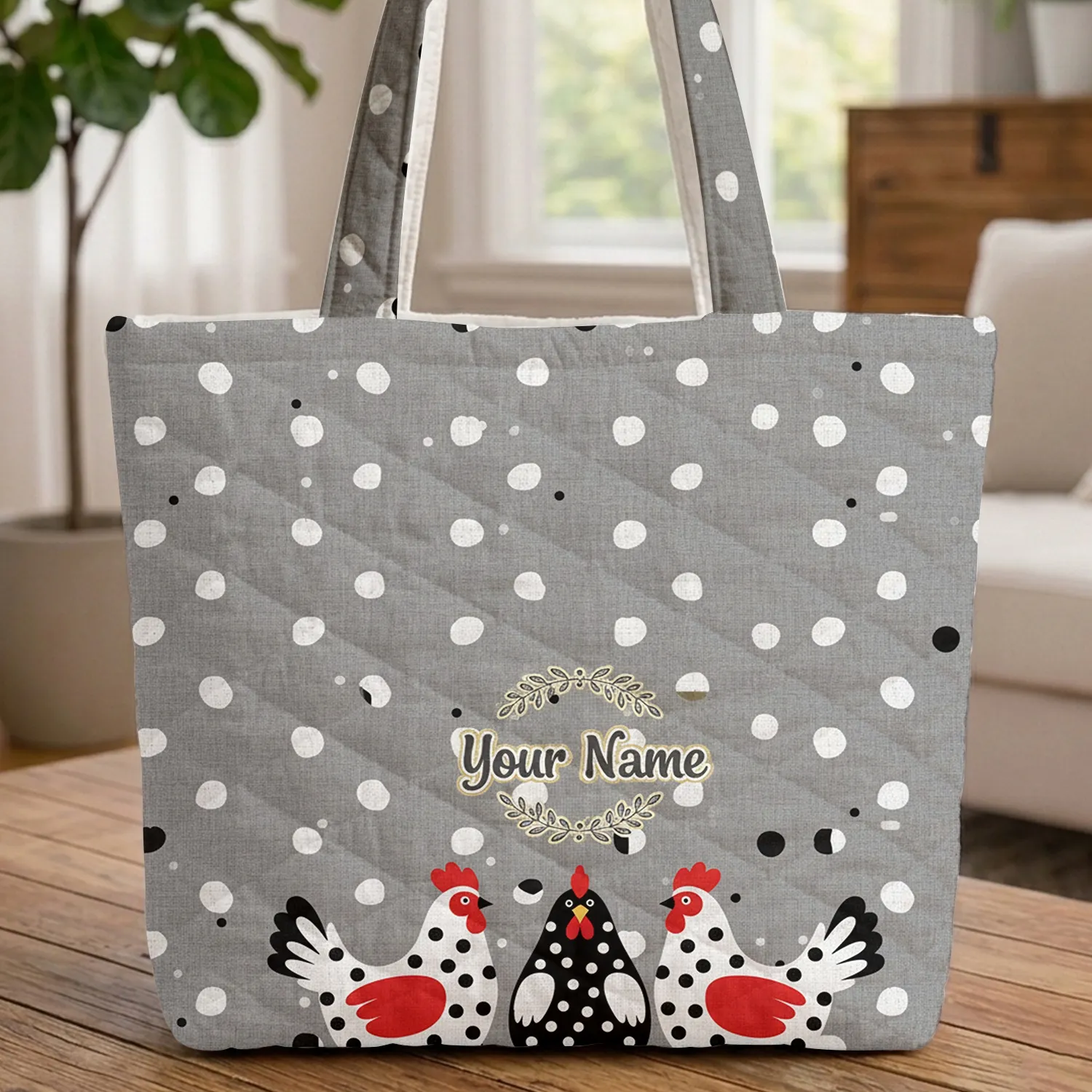 Polka Dot Chickens Floral Wreath - Everyday Carry Gift Quilted Tote Bag - 1