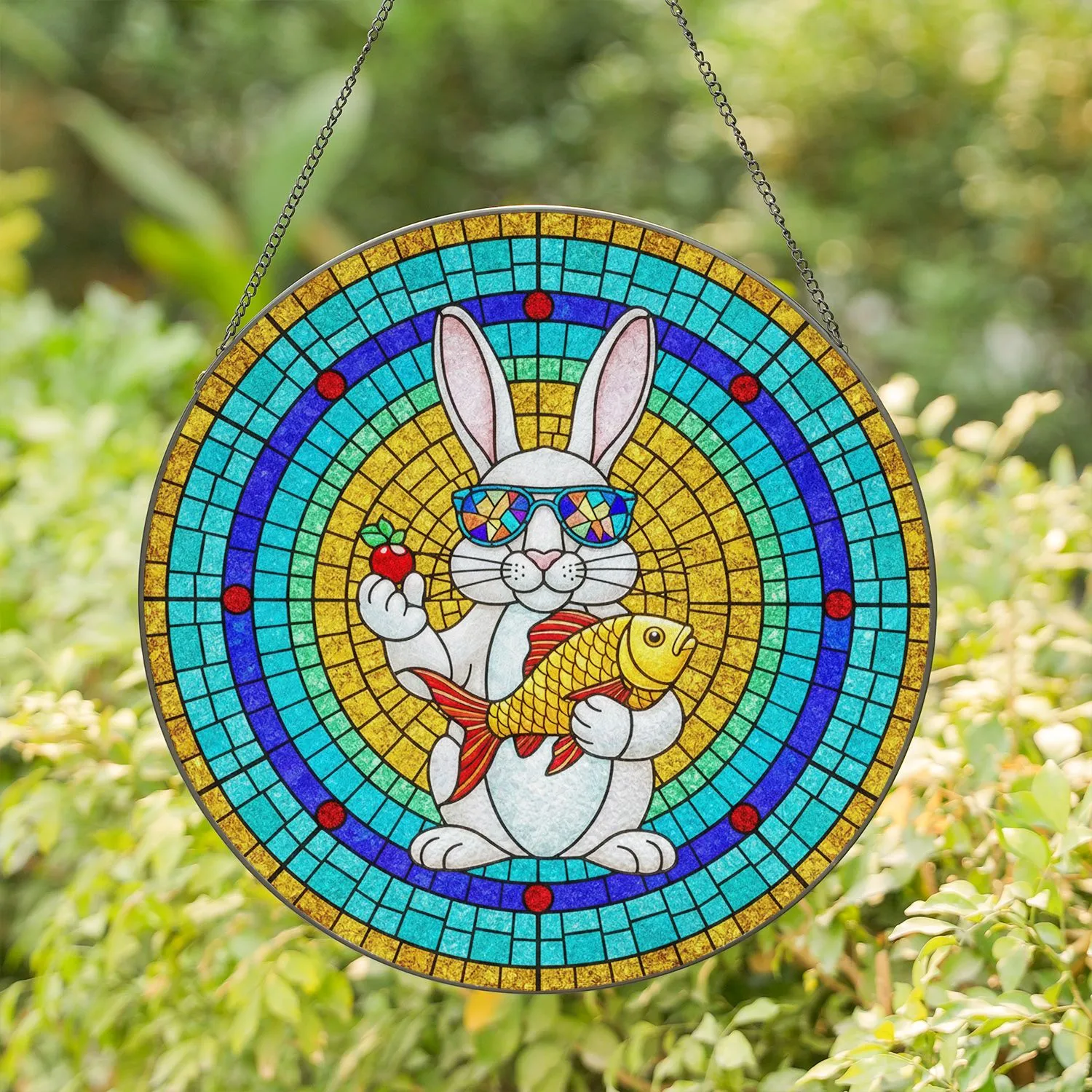 White Rabbit Sunglasses Golden Fish Stained Glass Mosaic - Home Decor Gift for Rabbit Lover Stained Glass Suncatcher - 1