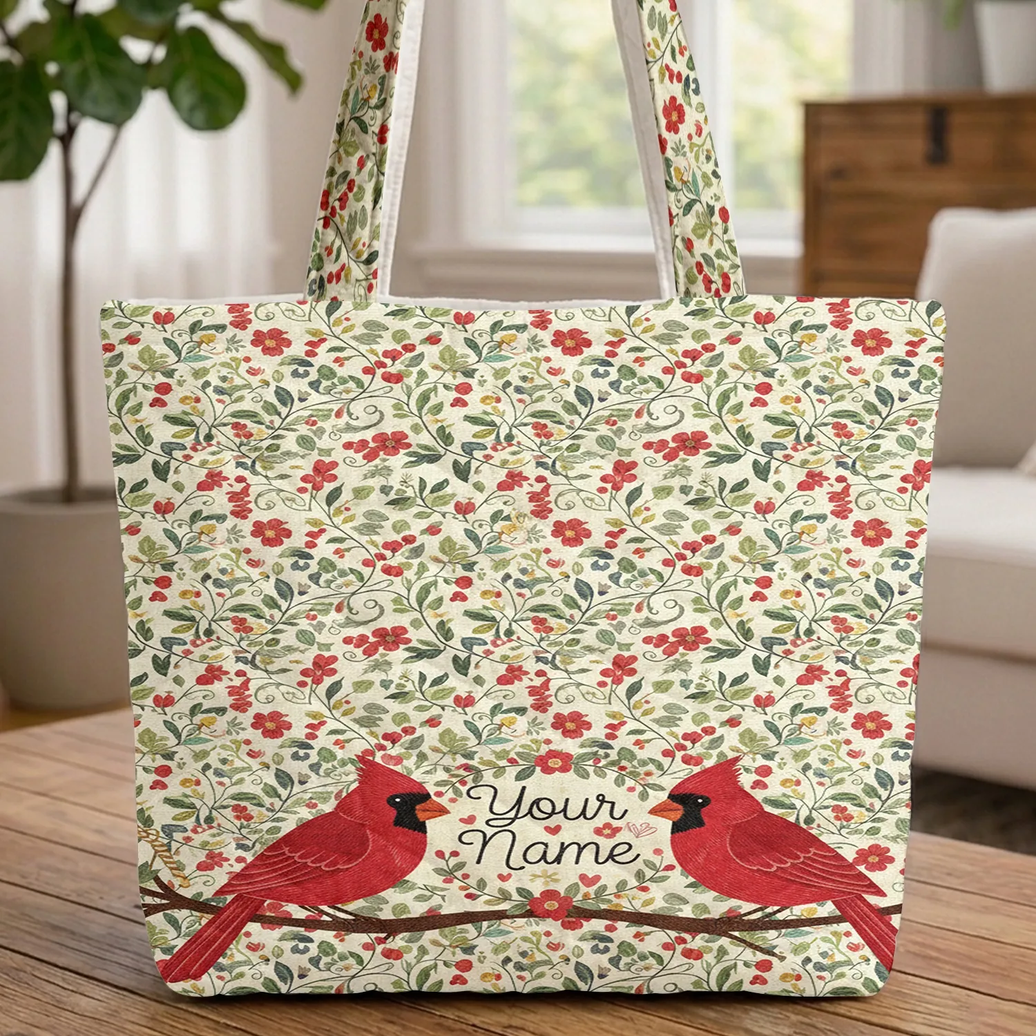 Cardinal Birds Winter Berry Blossom Vine Wreath - Everyday Carry Gift for Bird Lovers Quilted Tote Bag - 1