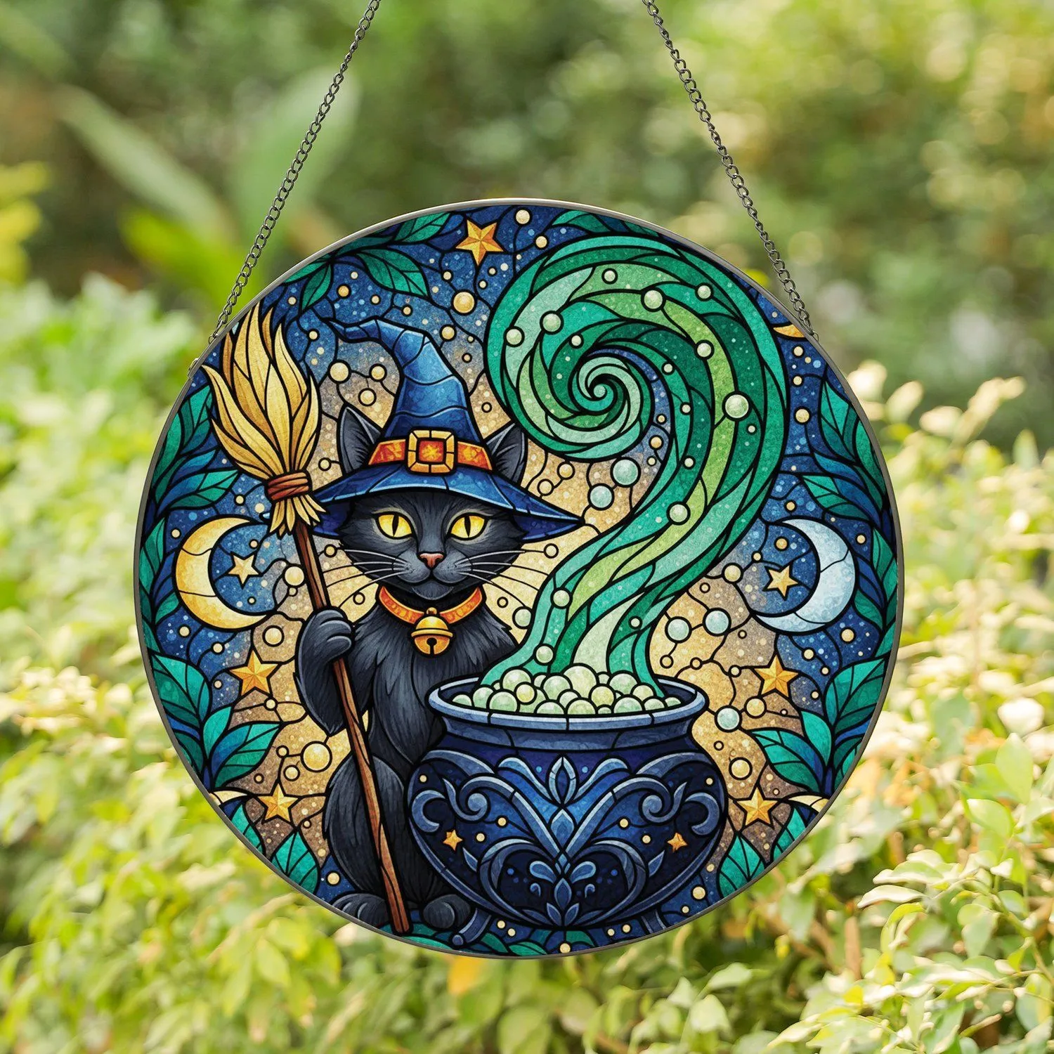 Stained Glass Black Cat Witch Hat Broom Cauldron - Celestial Magic Home Decor Gift Stained Glass Suncatcher - 1