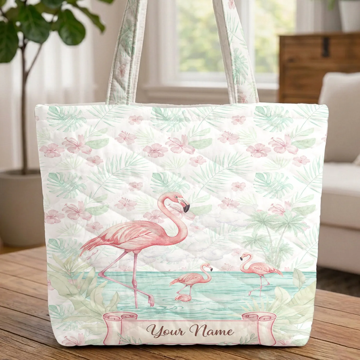 Elegant Flamingos Tropical Palm Hibiscus Flowers - Everyday Carry Gift for Flamingo Lover Quilted Tote Bag - 1