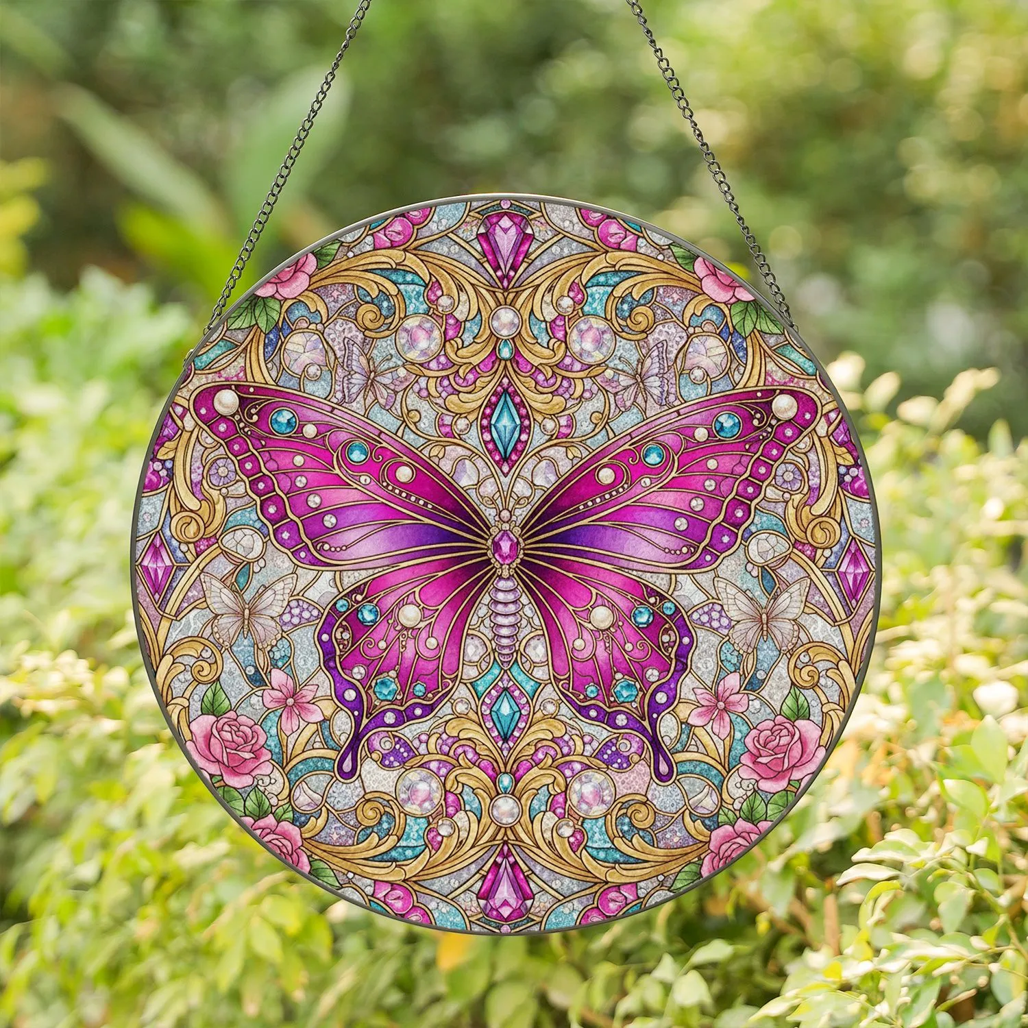 Ornate Butterfly Golden Filigree Pink Roses Floral Mosaic - Home Decor Gift Stained Glass Suncatcher - 1