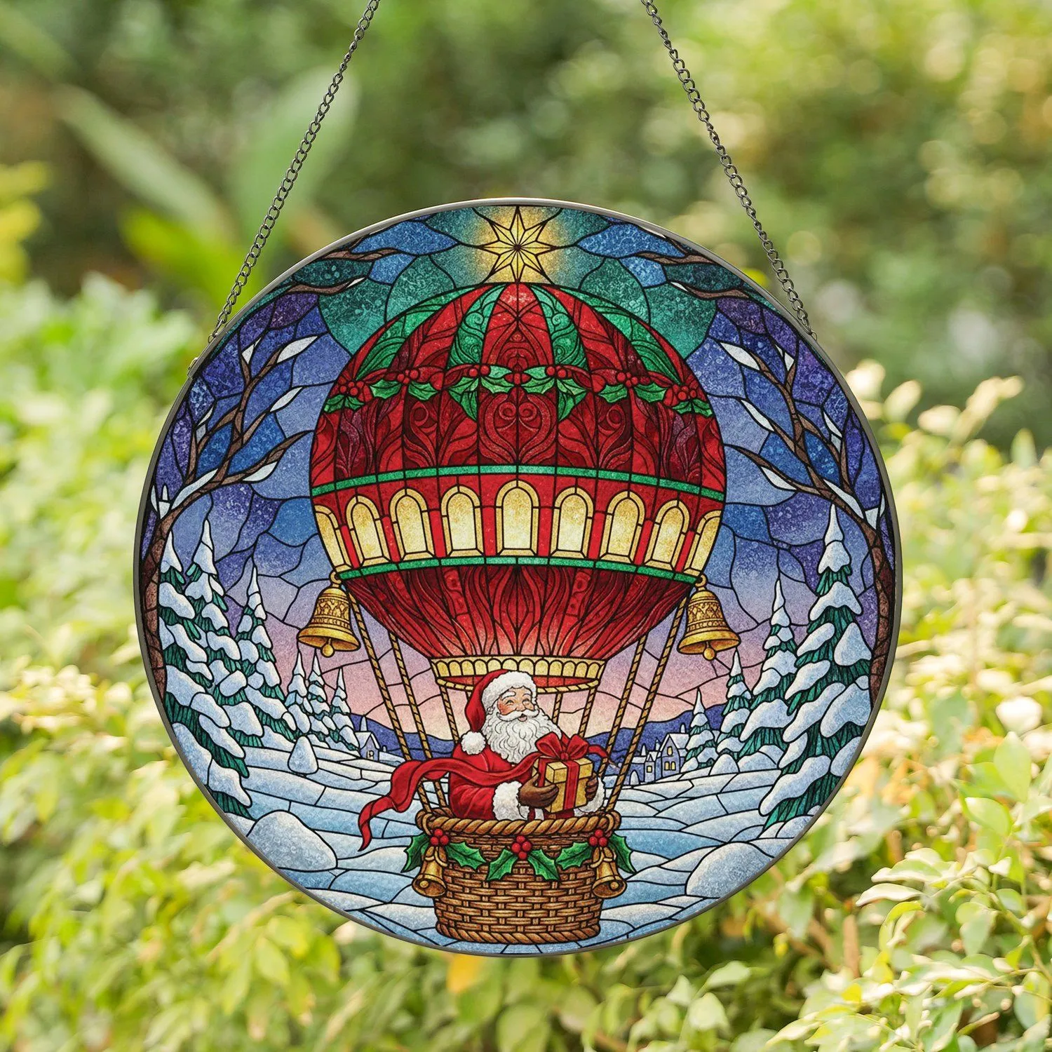 Santa Claus Hot Air Balloon Holly Bells Star - Glowing Jewel Tones Christmas Decor Gift Stained Glass Suncatcher - 1