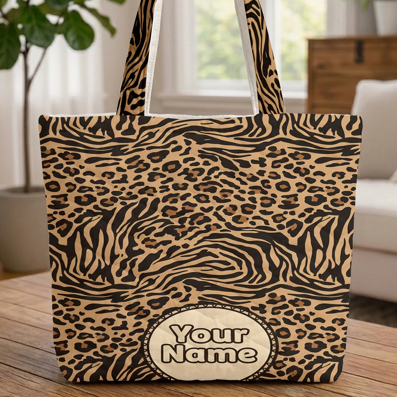 Jungle Animal Leopard Tiger Spots Stripes Name Medallion Everyday Travel Work Commute Gift Quilted Tote Bag - 1