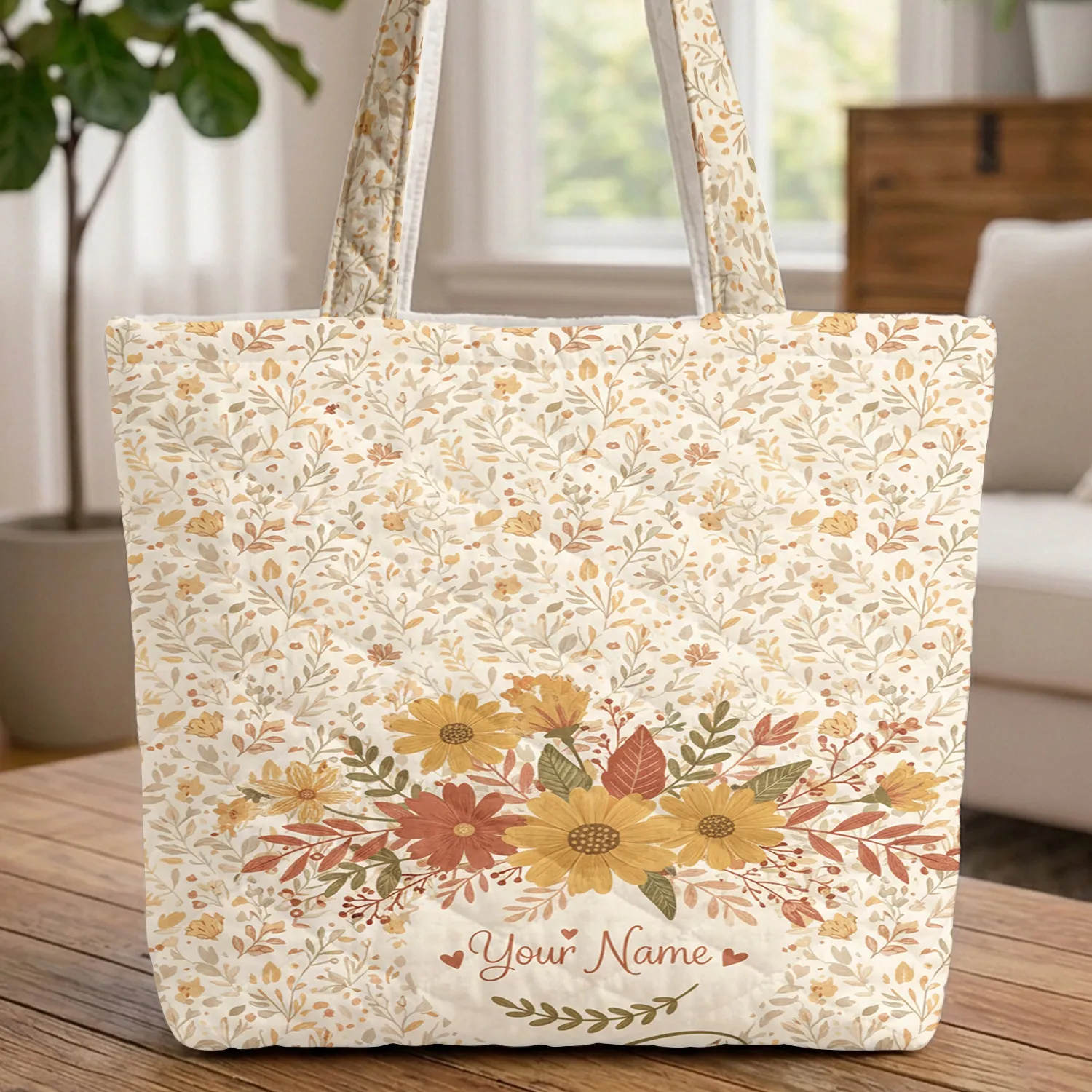 Botanical Wildflower Bouquet Name Wreath Flourish - Everyday Carry Gift Quilted Tote Bag - 1