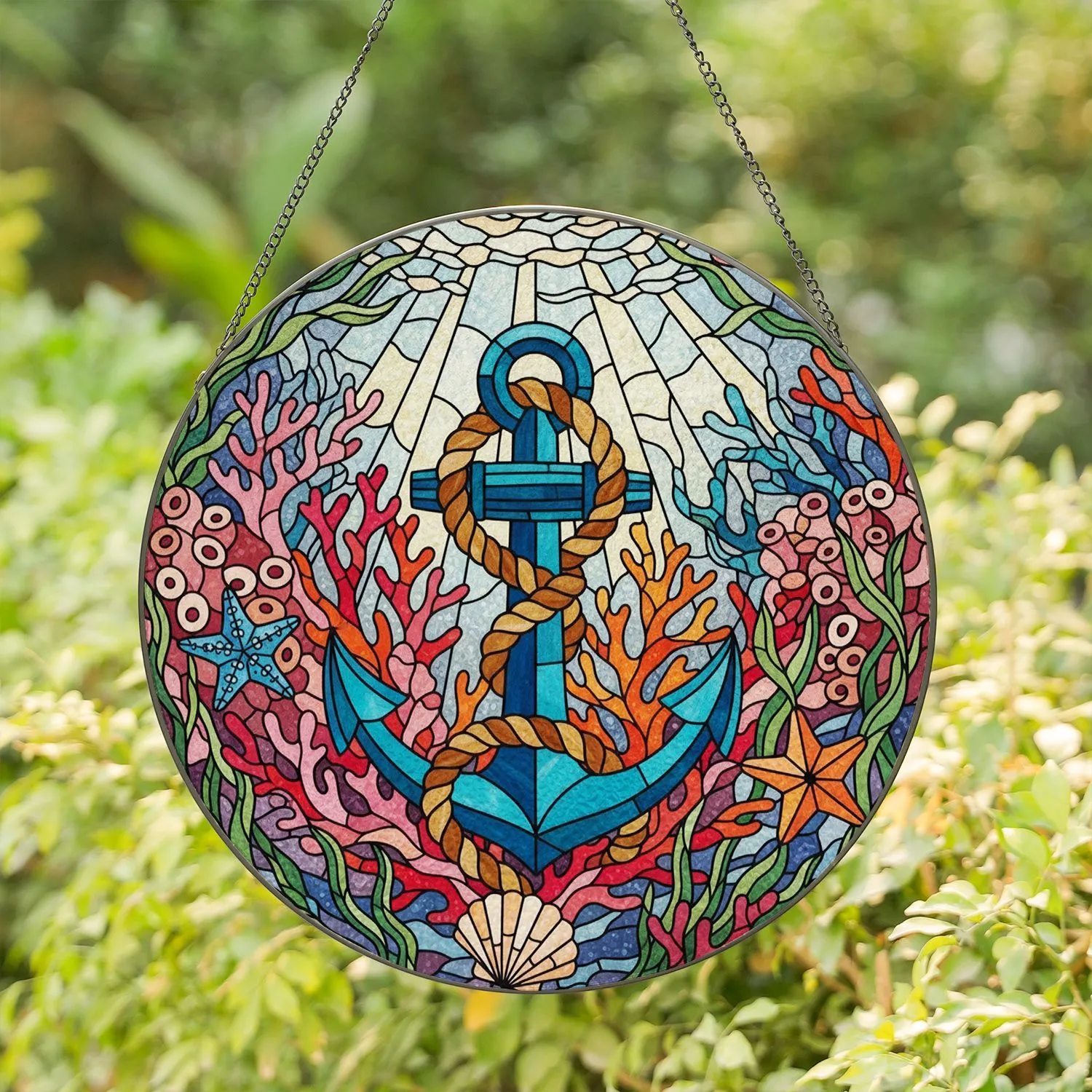Nautical Anchor Coral Reef Scallop Shell Starfish - Underwater Home Decor Gift Stained Glass Suncatcher - 1