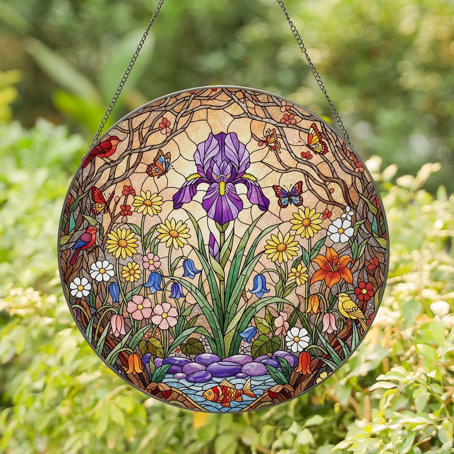 Purple Iris Daisy Flowers Butterflies Birds Fish Branches - Home Decor for Nature Lovers Stained Glass Suncatcher - 1
