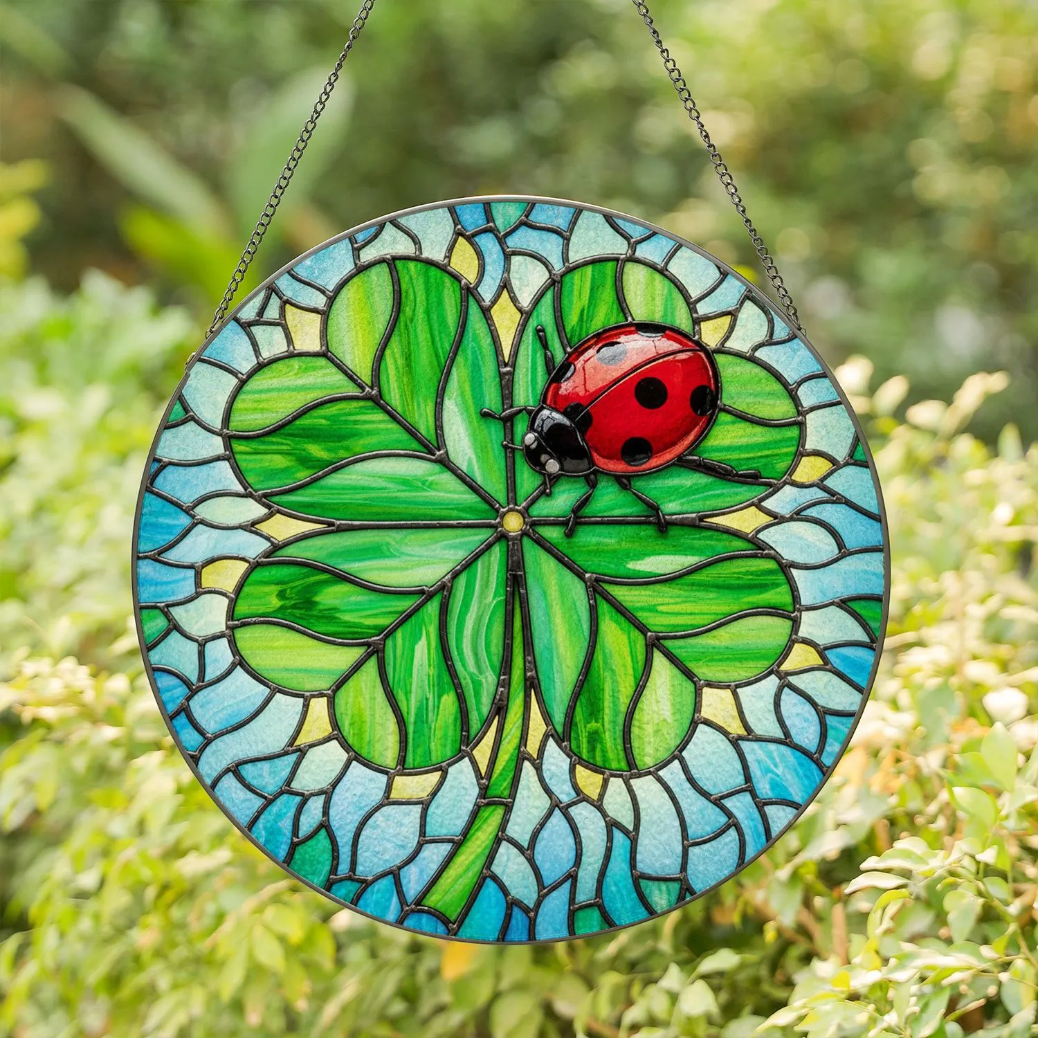 Ladybug Four Leaf Clover Luminous Home Decor Gift for Nature Lover Stained Glass Suncatcher - 1