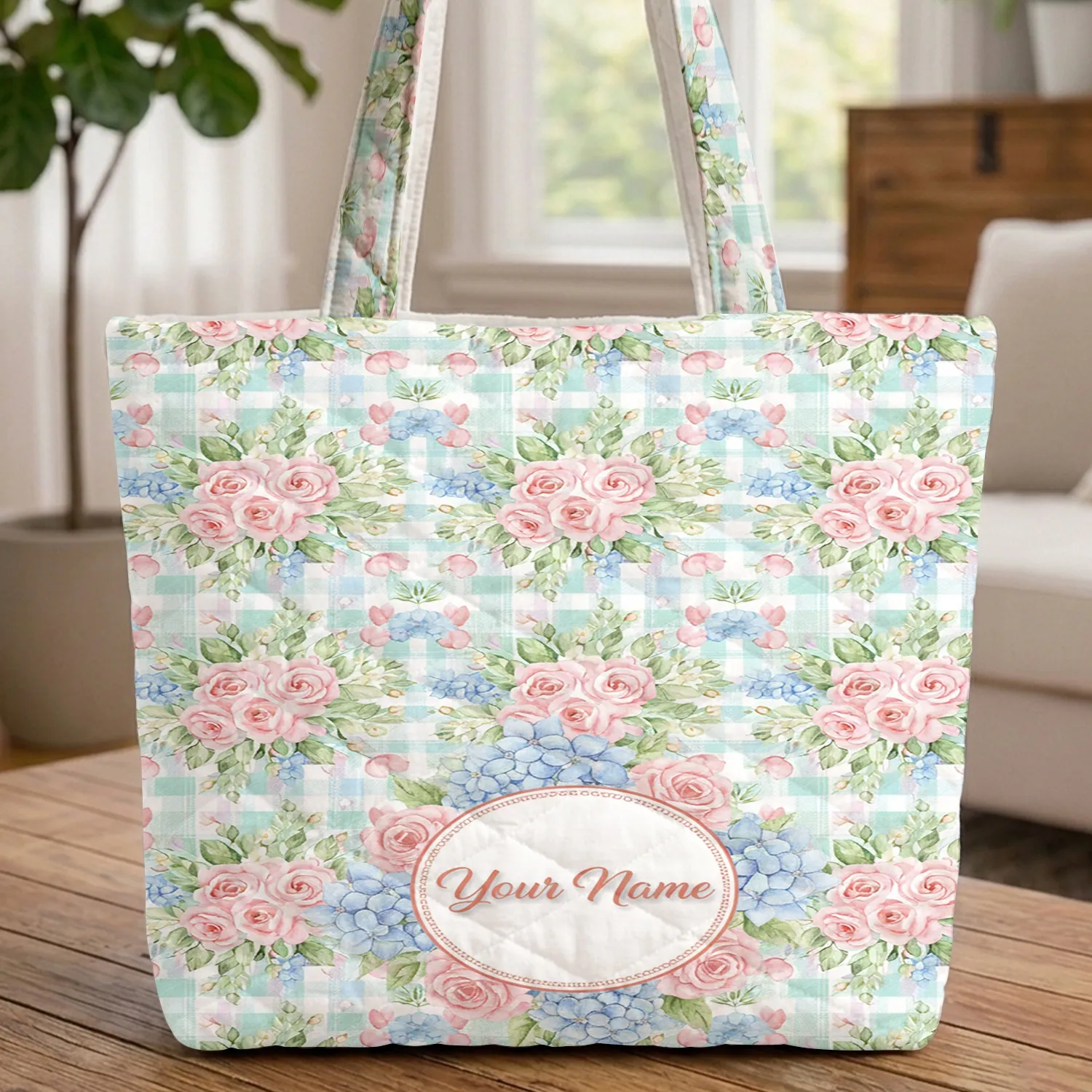 Pink Roses Blue Hydrangeas Gingham Botanical Wreath - Everyday Carry Gift for Her Quilted Tote Bag - 1