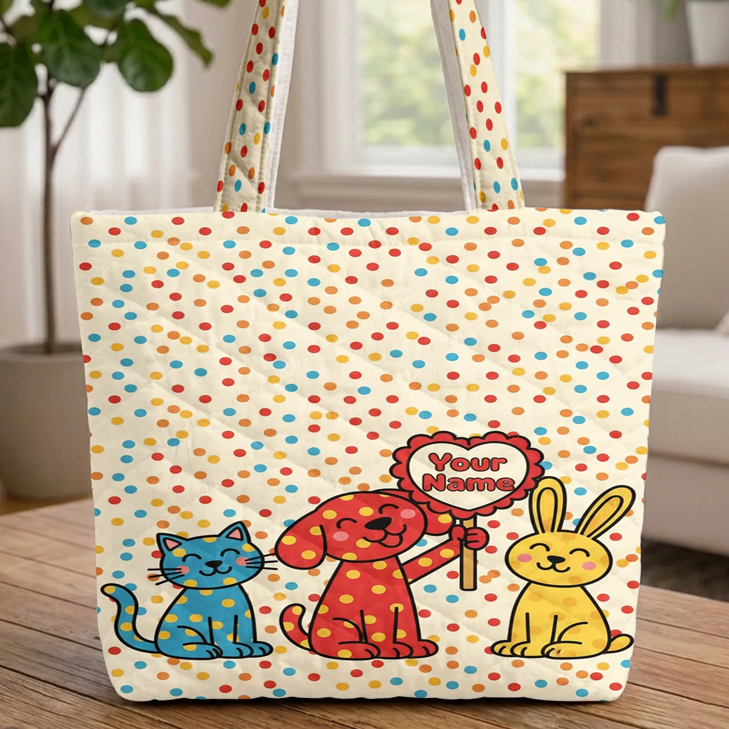 Red Yellow Blue Scattered Polka Dot Dog Cat Bunny Heart - Everyday Carry Gift for Children Quilted Tote Bag - 1