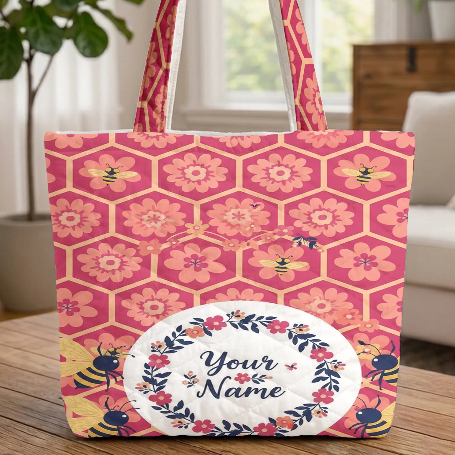 Bee Flowers Leaves Honeycomb Floral Wreath - Everyday Carry Travel Essentials Gift Quilted Tote Bag - 1