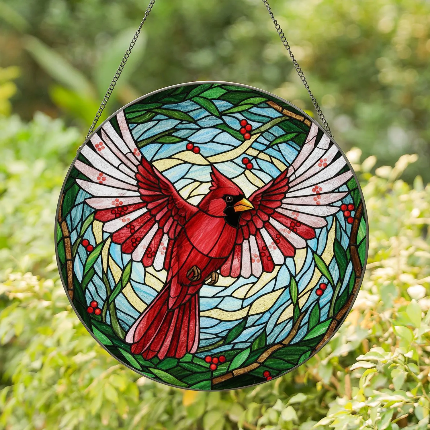 Red Cardinal Bird Red Berries Green Foliage - Wildlife Lover Home Decor Gift Stained Glass Suncatcher - 1
