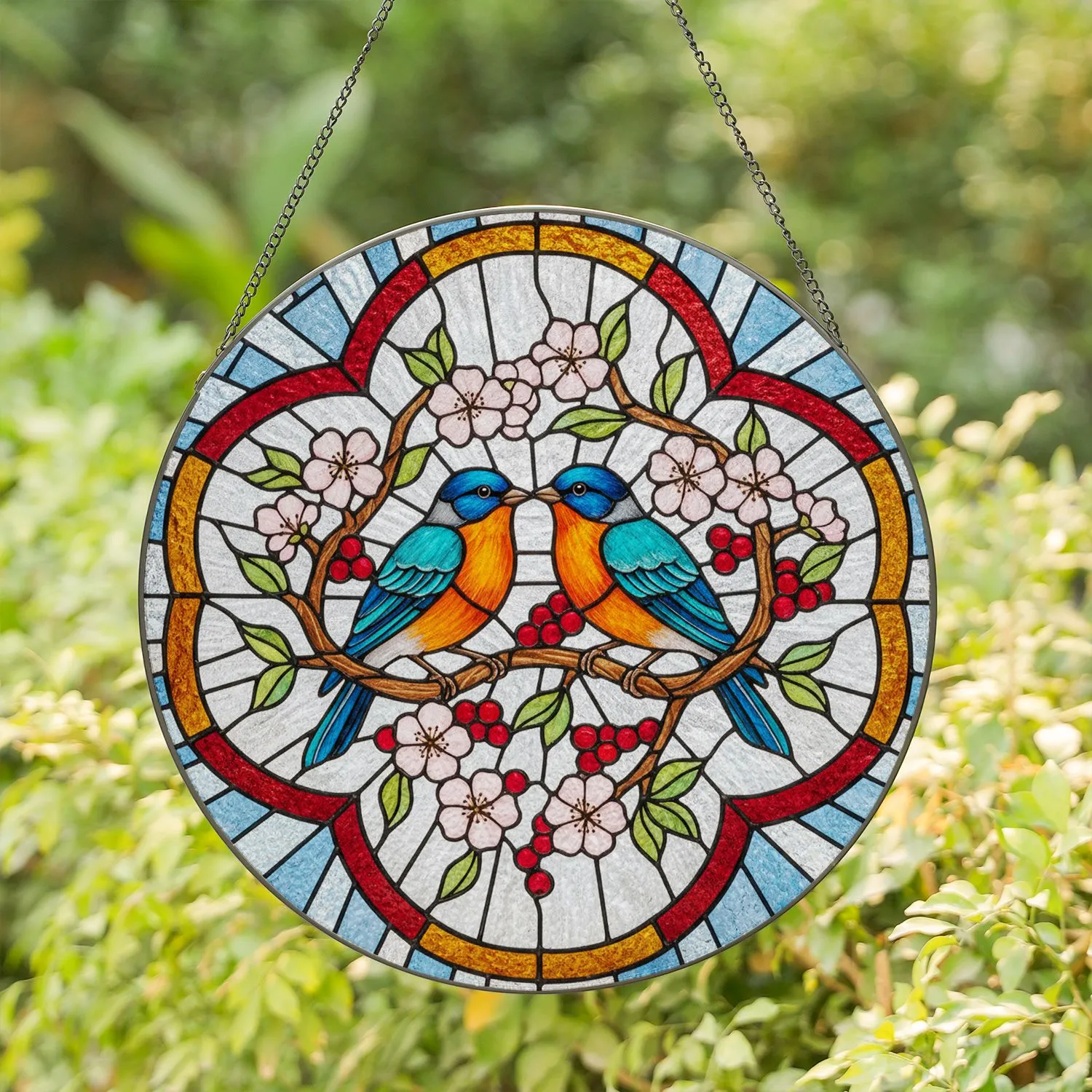 Lovebirds Gnarled Branch Berries Blossoms Five-Petal Border - Home Decor Gift for Wildlife Lover Stained Glass Suncatcher - 1