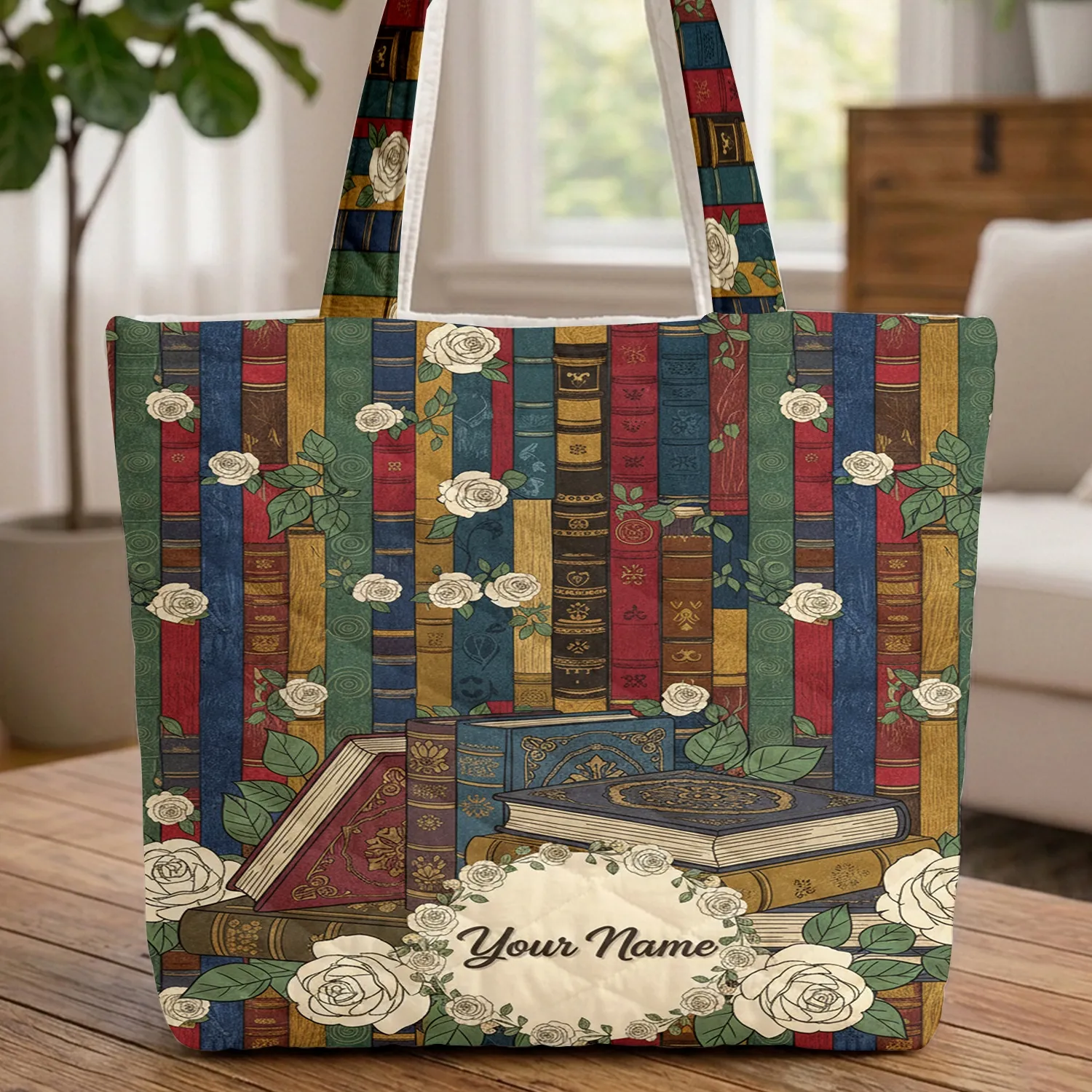 Vintage Book Spines Ornate Roses Personalized Bookshelf - Everyday Carry Gift Quilted Tote Bag - 1