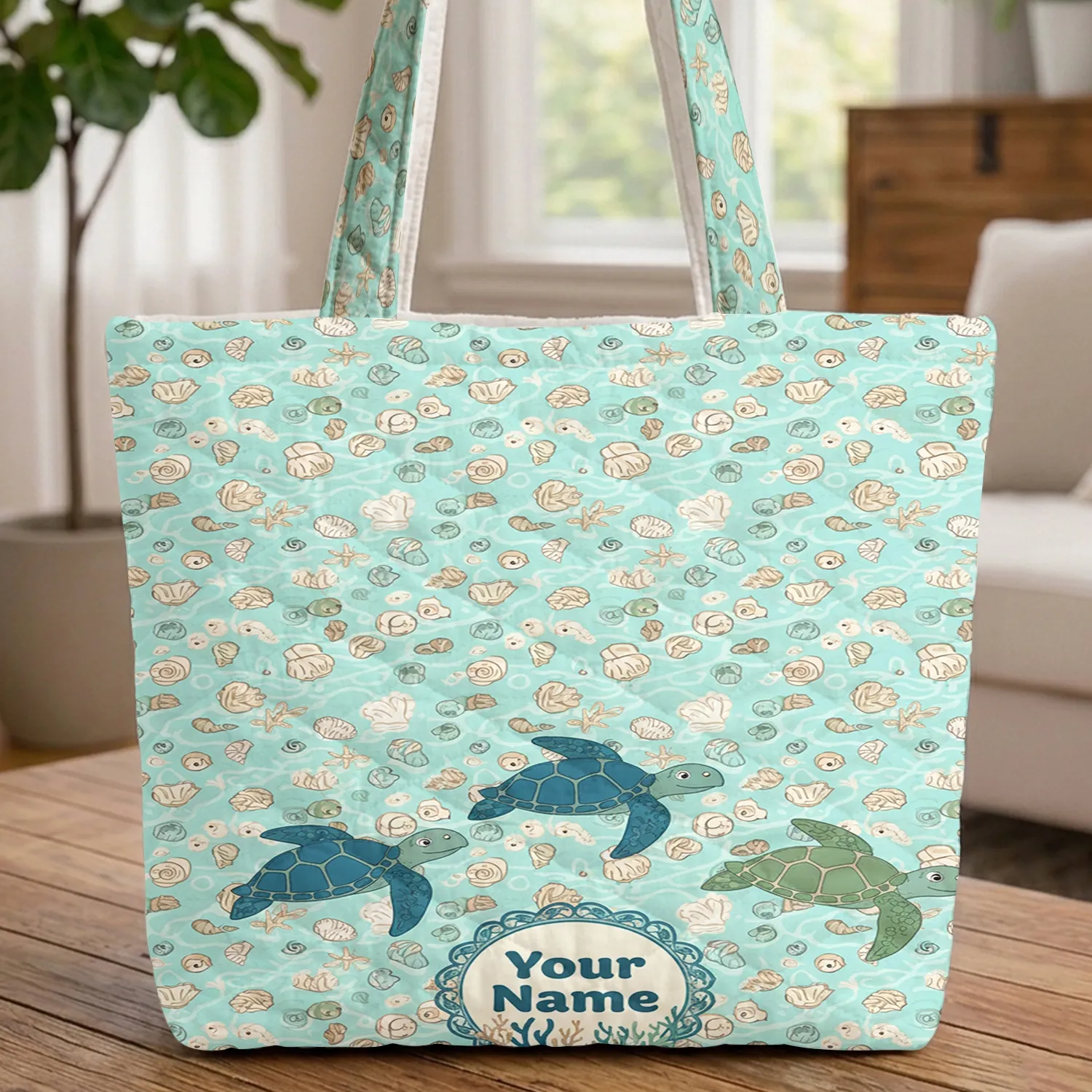 Swimming Sea Turtles Coral Reef Seashells Starfish - Ocean Lover Travel Essentials Quilted Tote Bag - 1