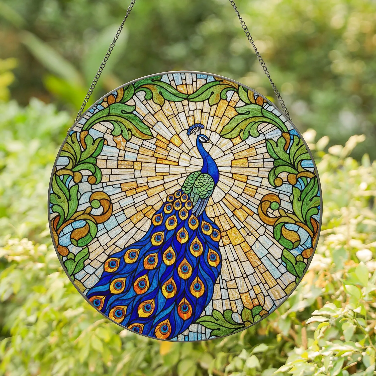 Majestic Peacock Fanned Tail Leaves Mosaic - Home Decor Bird Lover Gift Stained Glass Suncatcher - 1