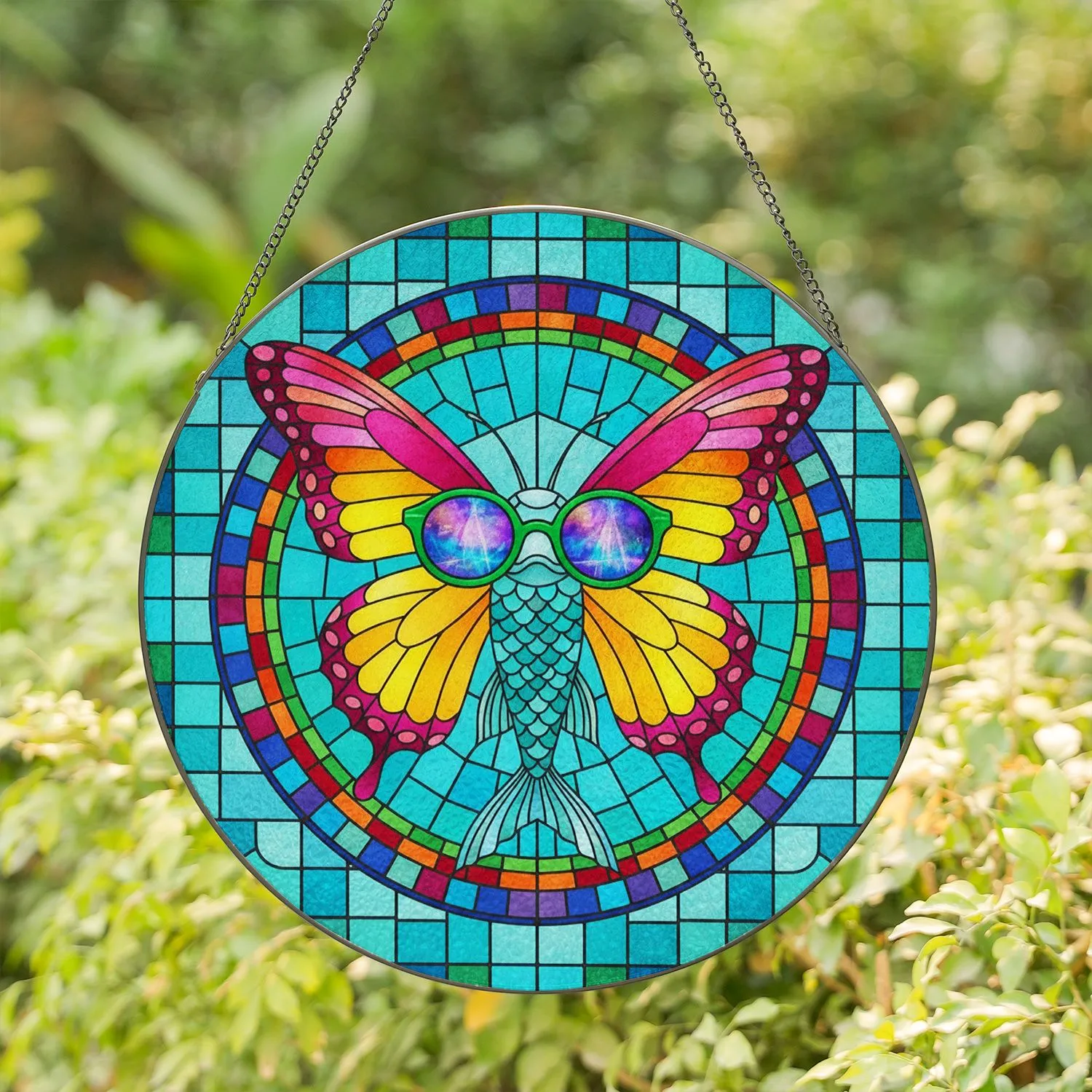 Butterfly Fish Sunglasses Stained Glass Mosaic Home Decor Gift for Wildlife Lover Stained Glass Suncatcher - 1