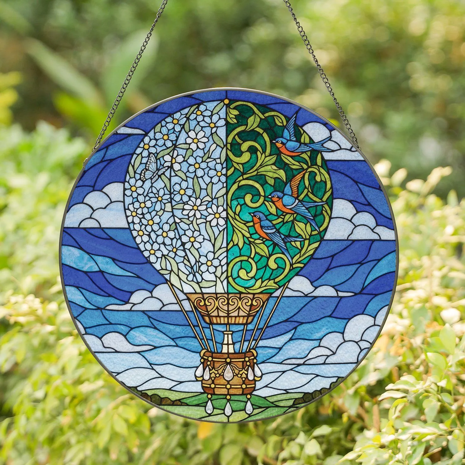 Hot Air Balloon Mosaic Flowers Birds Crystal Golden Scrollwork - Home Decor Gift Stained Glass Suncatcher - 1