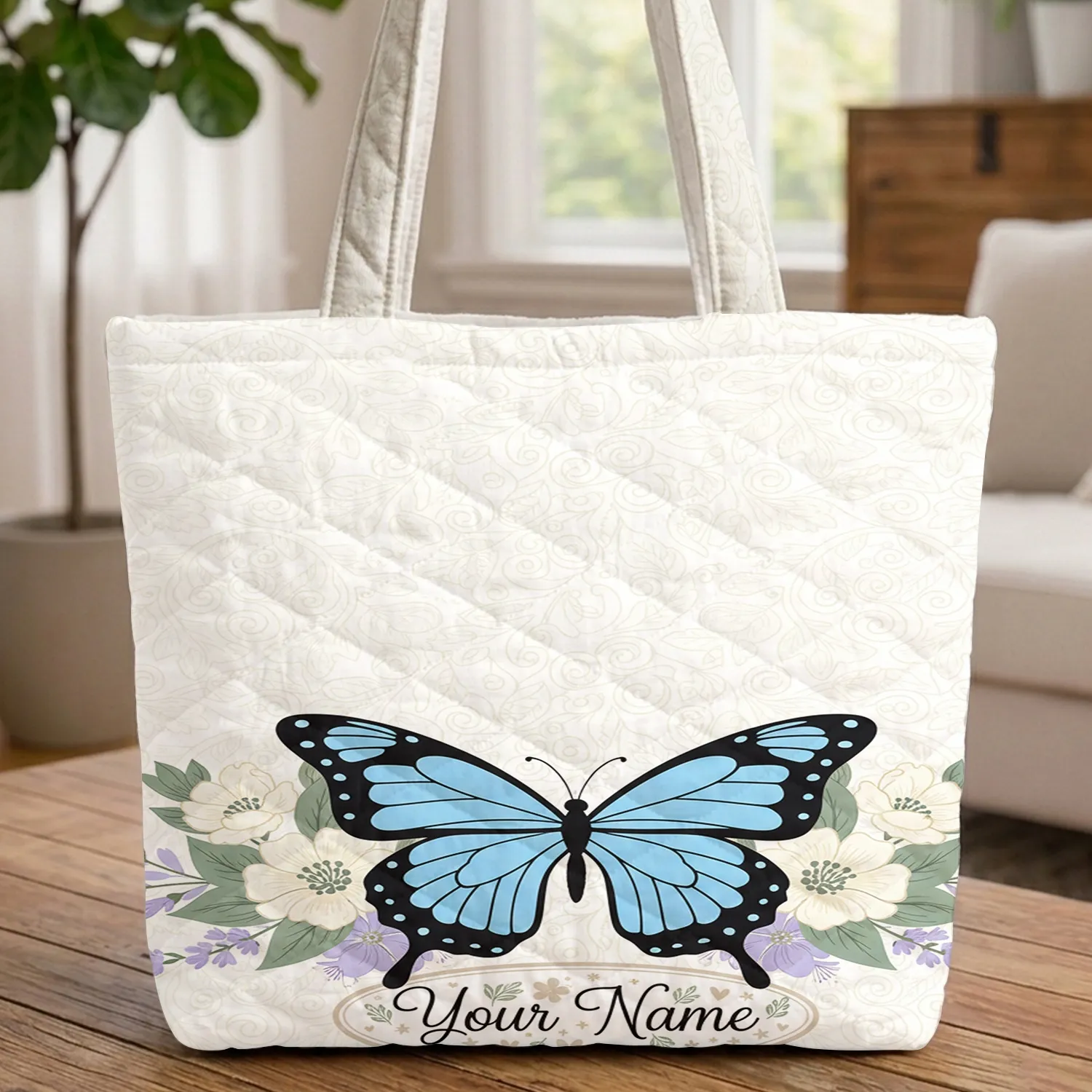 Butterfly Floral Blooms Organic Vines Leaves Curved Scroll Everyday Carry Travel Gift Quilted Tote Bag - 1
