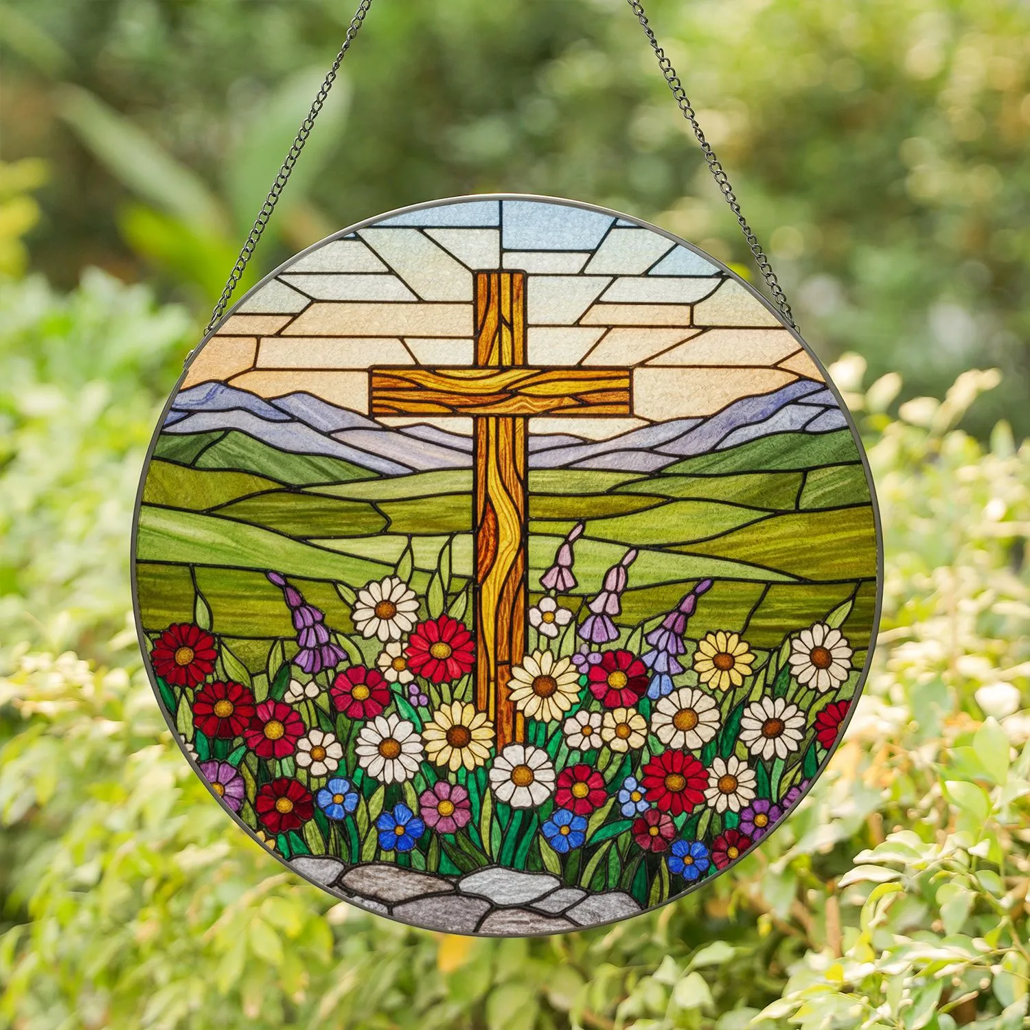 Rustic Wooden Cross Wildflowers Hills Mountains - Stained Glass Home Decor Gift Stained Glass Suncatcher - 1