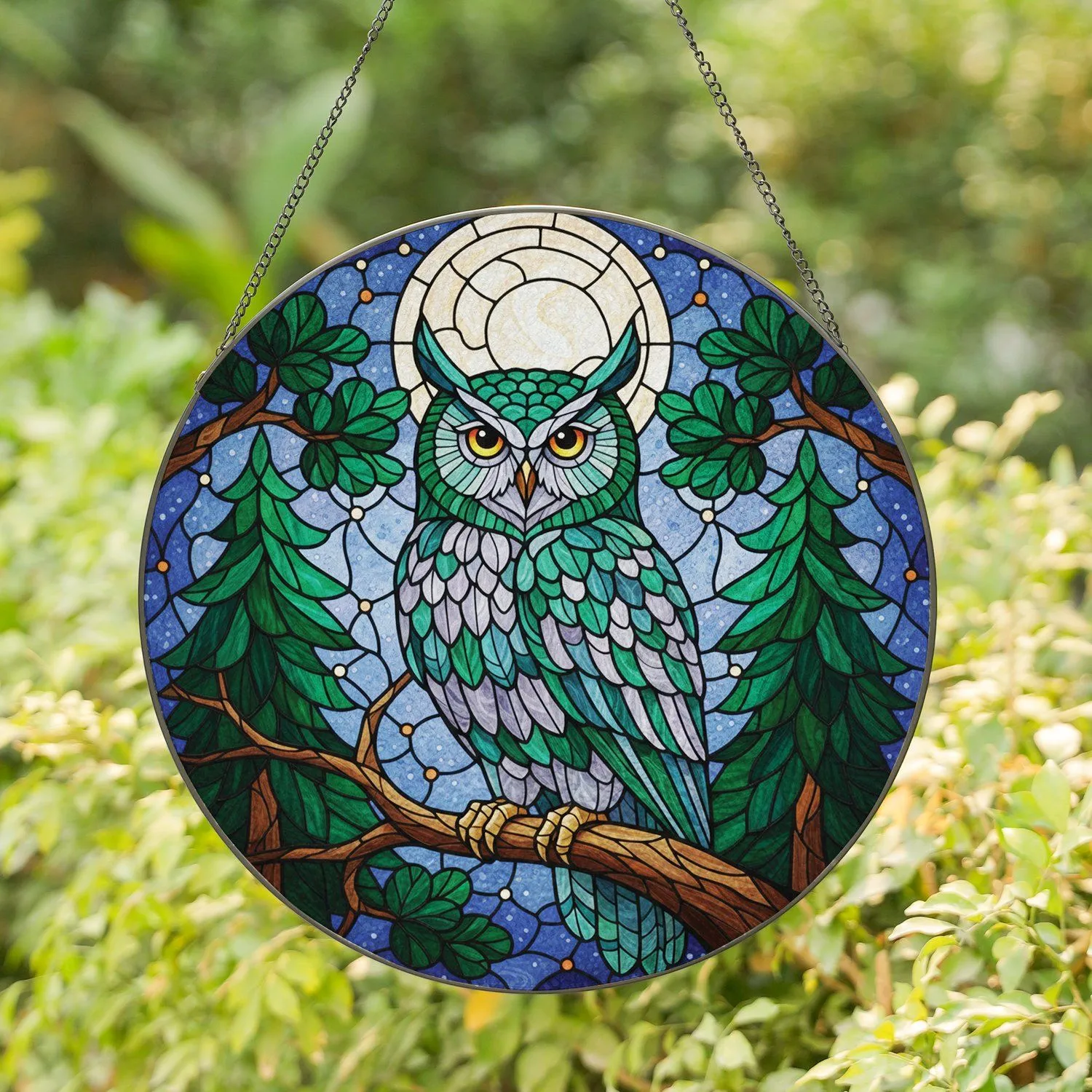 Majestic Owl Luminous Full Moon Pine Tree Night Sky Home Decor Gift for Wildlife Lover Stained Glass Suncatcher - 1