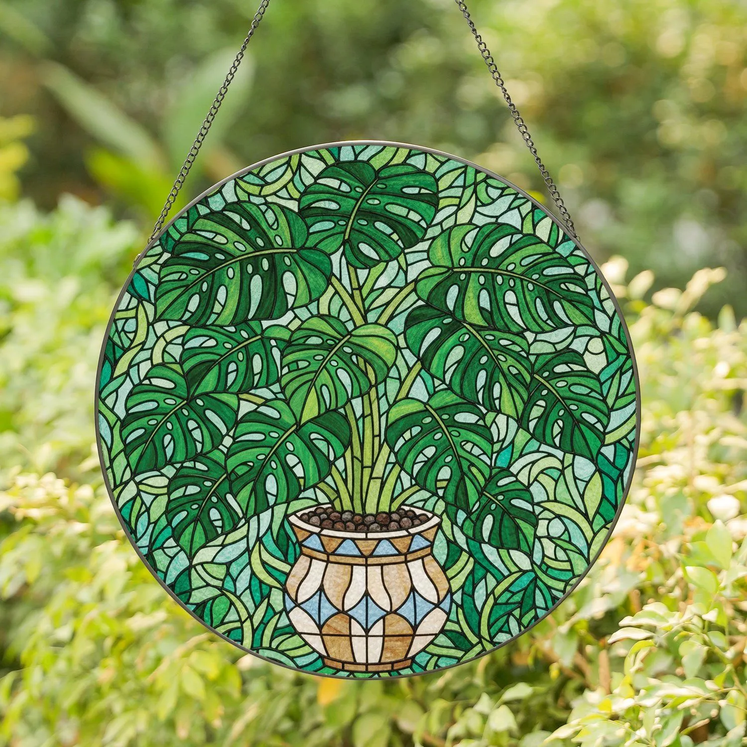 Stained Glass Monstera Adansonii Plant Organic Botanical Mosaic Home Decor Gift Stained Glass Suncatcher - 1