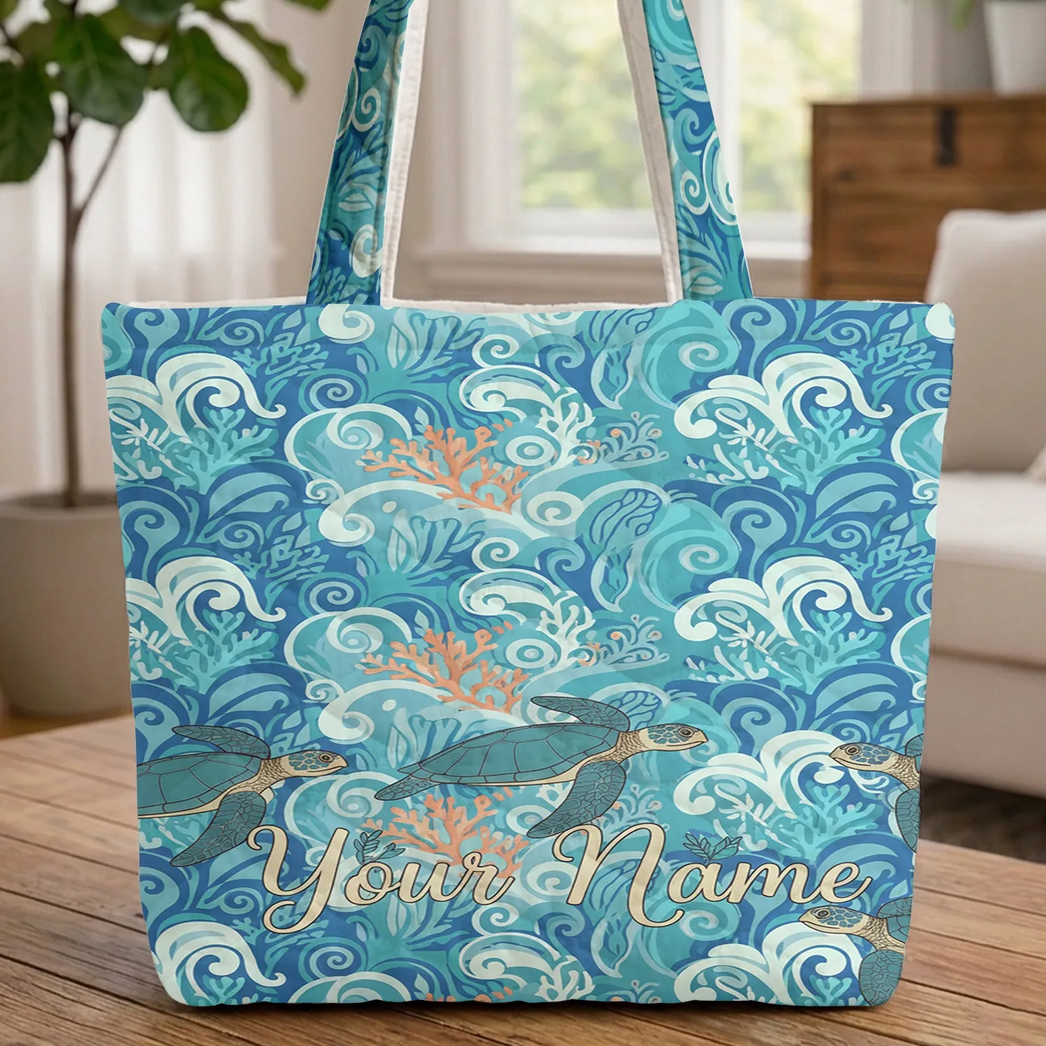 Oceanic Sea Turtle Ocean Waves Coral Tropical Seaweed - Everyday Carry Gift Quilted Tote Bag - 1