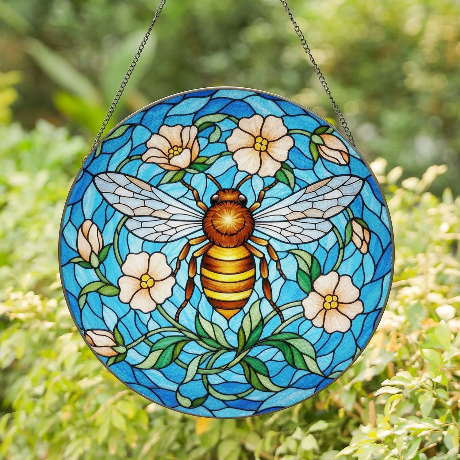 Honeybee Blossoms Swirling Sky Water - Home Decor Gift for Nature Lovers Stained Glass Suncatcher - 1