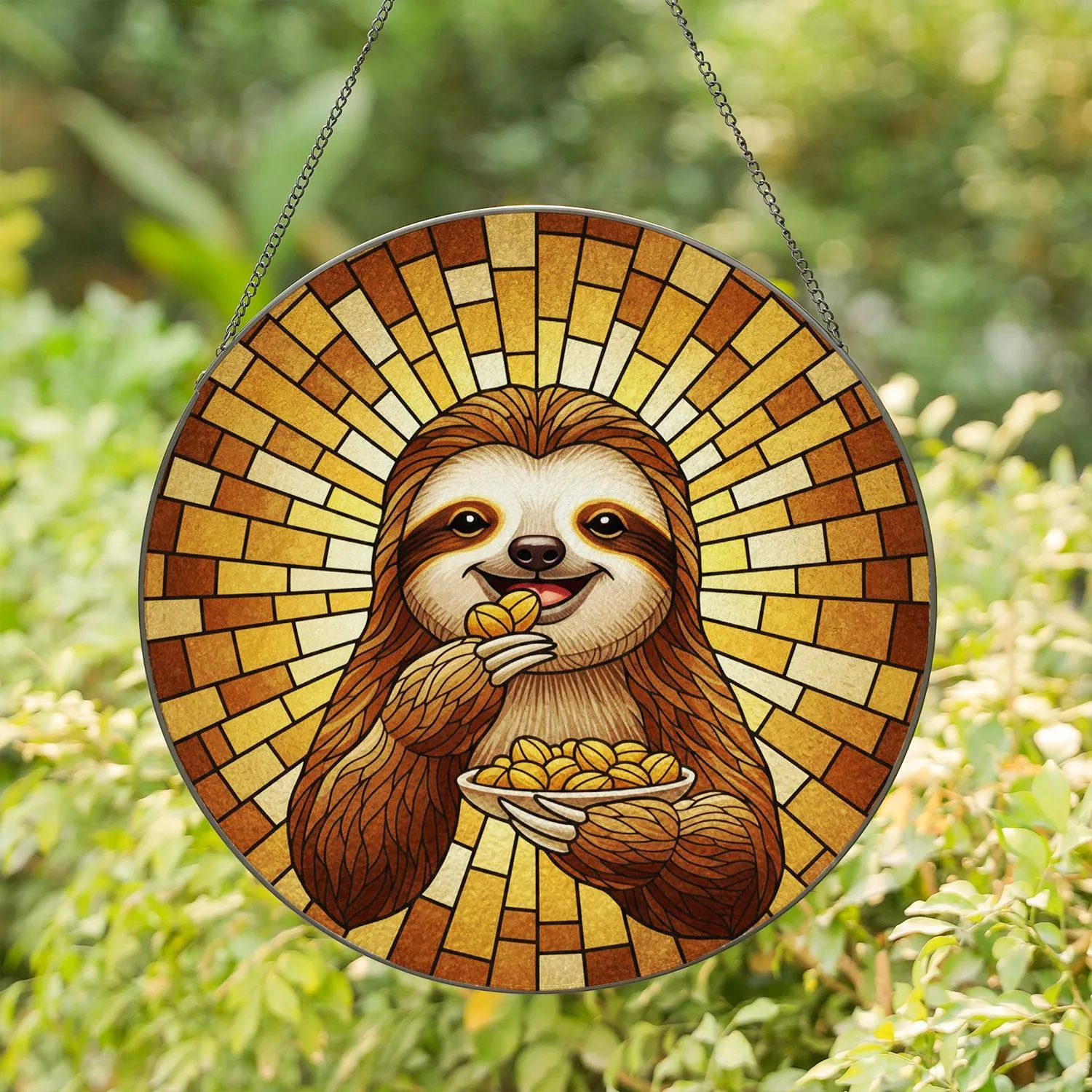 Smiling Sloth with Shaggy Fur Holding Bowl of Nuts - Sloth Lover Home Decor Gift Stained Glass Suncatcher - 1
